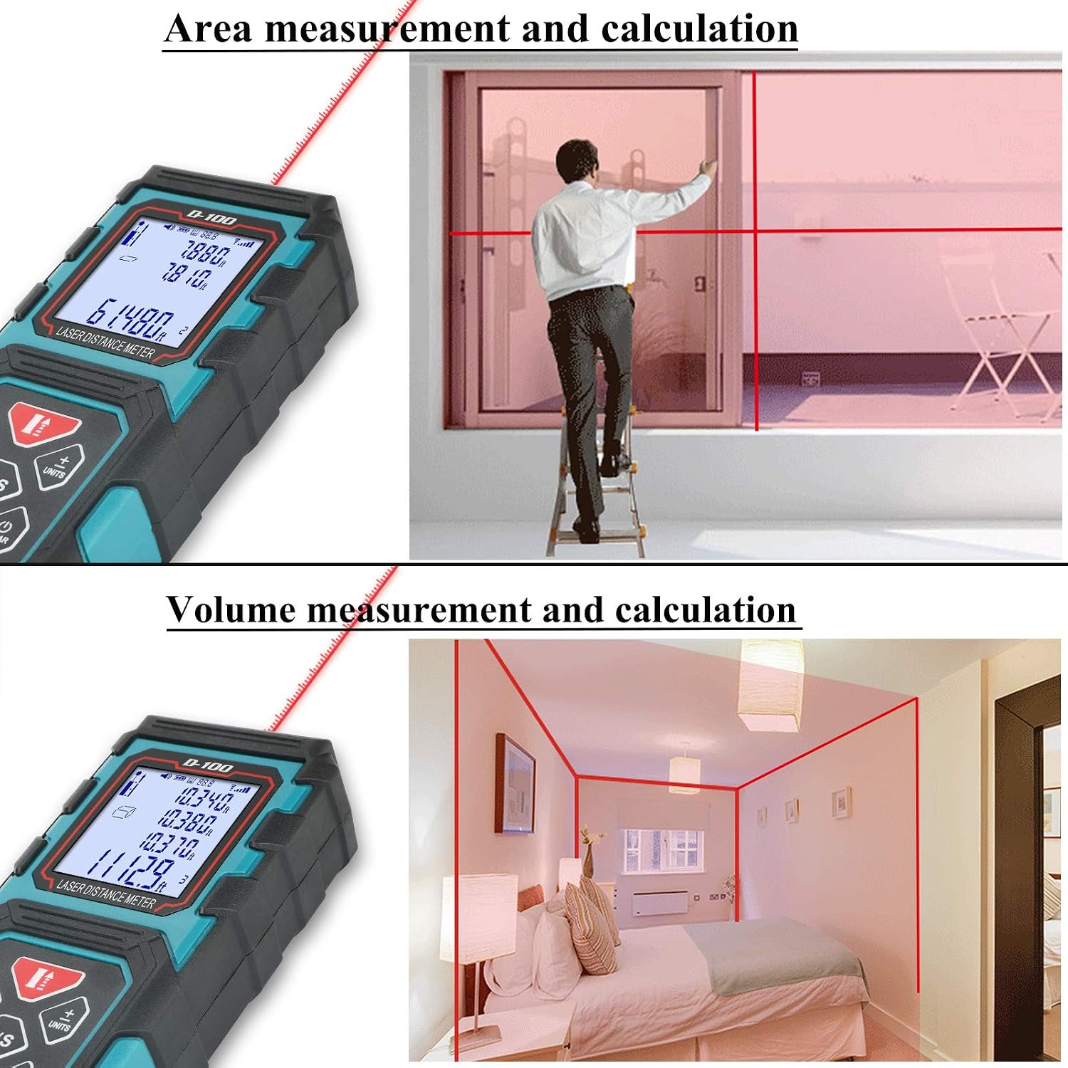 MAKINGTEC Laser Measure 328Ft M/in/Ft Laser Distance Meter,5 Measurement Modes, Pythagorean Mode,LCD Backlight Display, Volume, Area Measurement, Digital Laser Tape Measure D100 Color Blue