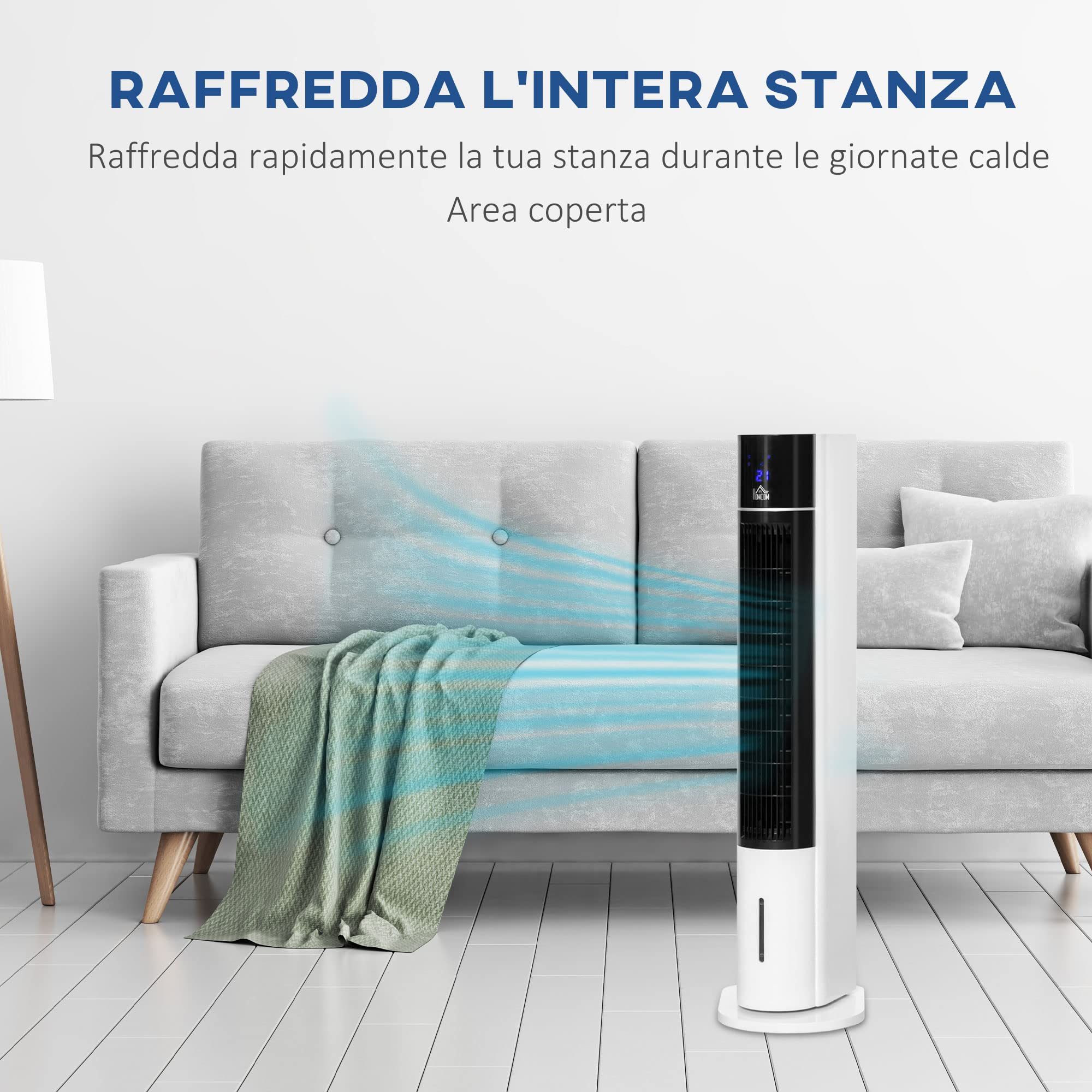 HOMCOM Ventilatore a Torre Raffrescatore Evaporativo 3 Modalità e 3 Velocità, Raffreddatore d'Aria Portatile con Timer, Oscillazione e Telecomando, 60W, Bianco