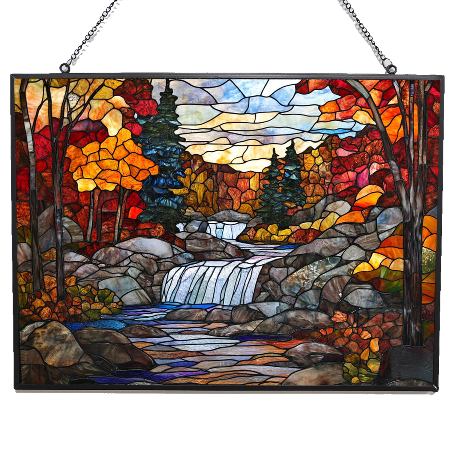 365CUSGIFTS Personalized Rectangle Autumn Forest Hand Painting Stained Glass Window Hangings Stained Glass Suncatcher Birthday Gift for Mom Grandma Teacher Women Friend Memorial Hook