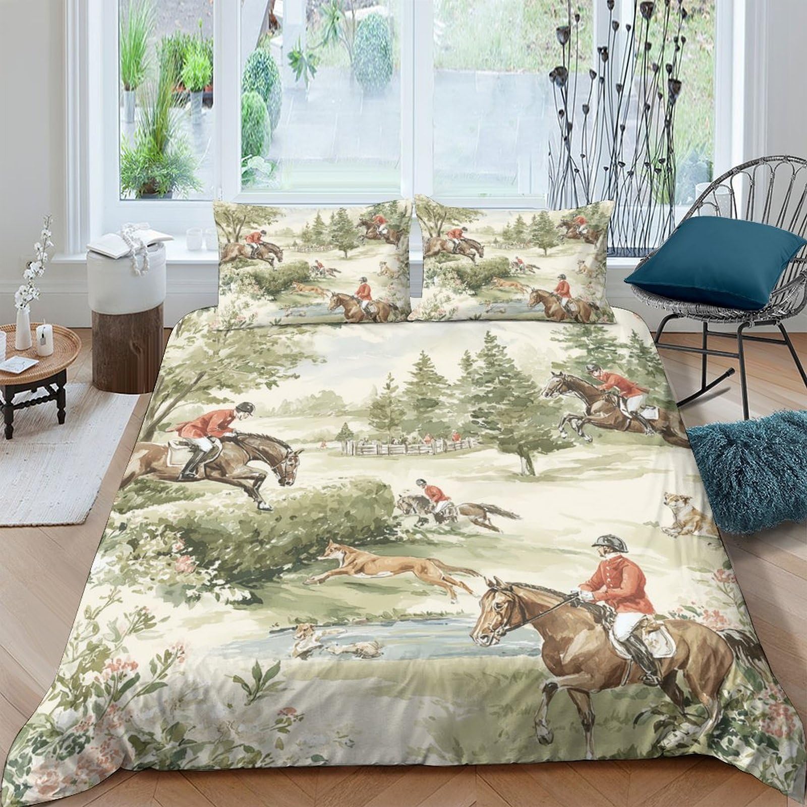 Ctjqhvkz Style-8 3D Printed Equestrian Hunt Scene Fitted Sheet Microfiber Soft Washable Horse Riding Mattress Cover For Bedroom Decor Single（135X200cm）