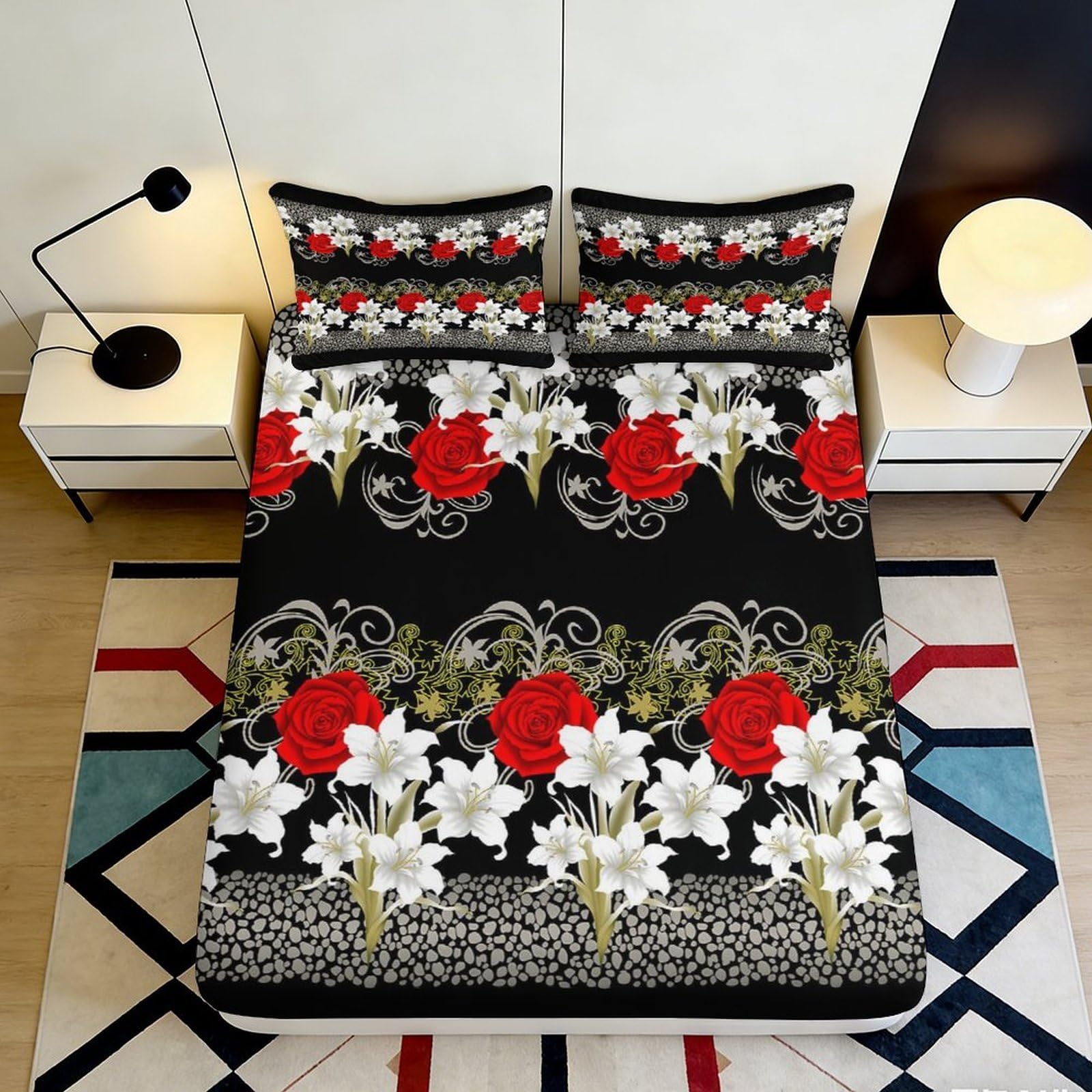 Kzqnxhjprl Style-5 3D Printed Floral Black Red Fitted Sheet Microfiber Soft White Lily Rose Mattress Cover For Bedroom Guest Room Decor 90X200x25cm