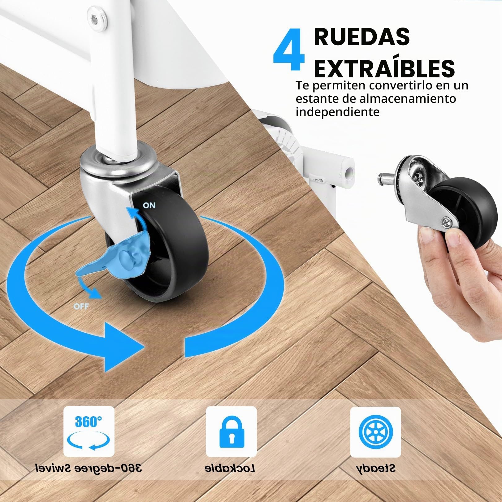 KOMFOTTEU Carro de Almacenamiento de 3 Niveles, Carrito Rodante con 2 Tablero de Clavijas, 2 Cestas y 4 Ganchos, Carro de Servicio de Metal para Cocina, Baño, Oficina, 52 x 33 x 75 cm (Blanco)