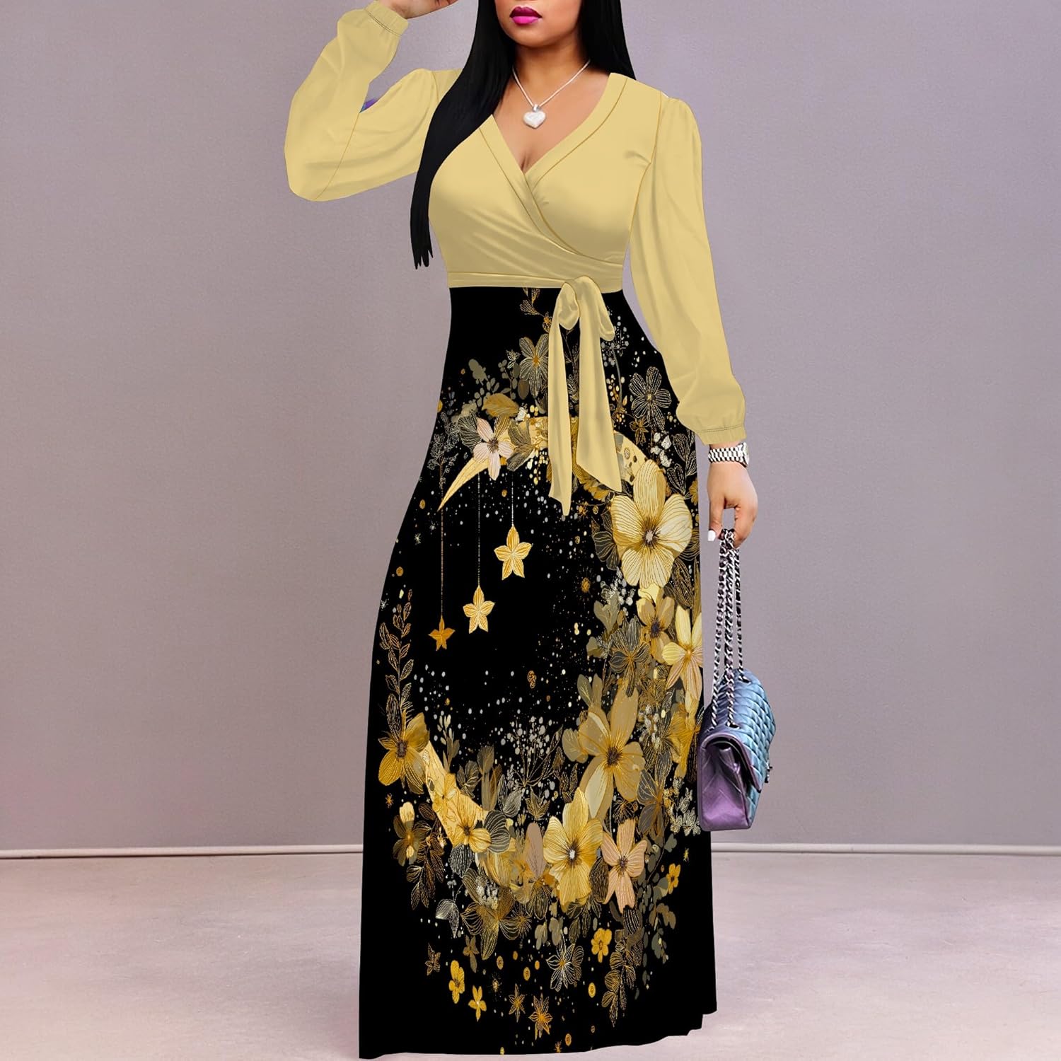 PinkPatty Plus Size Dresses for Curvy Women V Neck Flowy Long Sleeves Wrap Maxi Dress Travel Vacation Outfits - Image 5