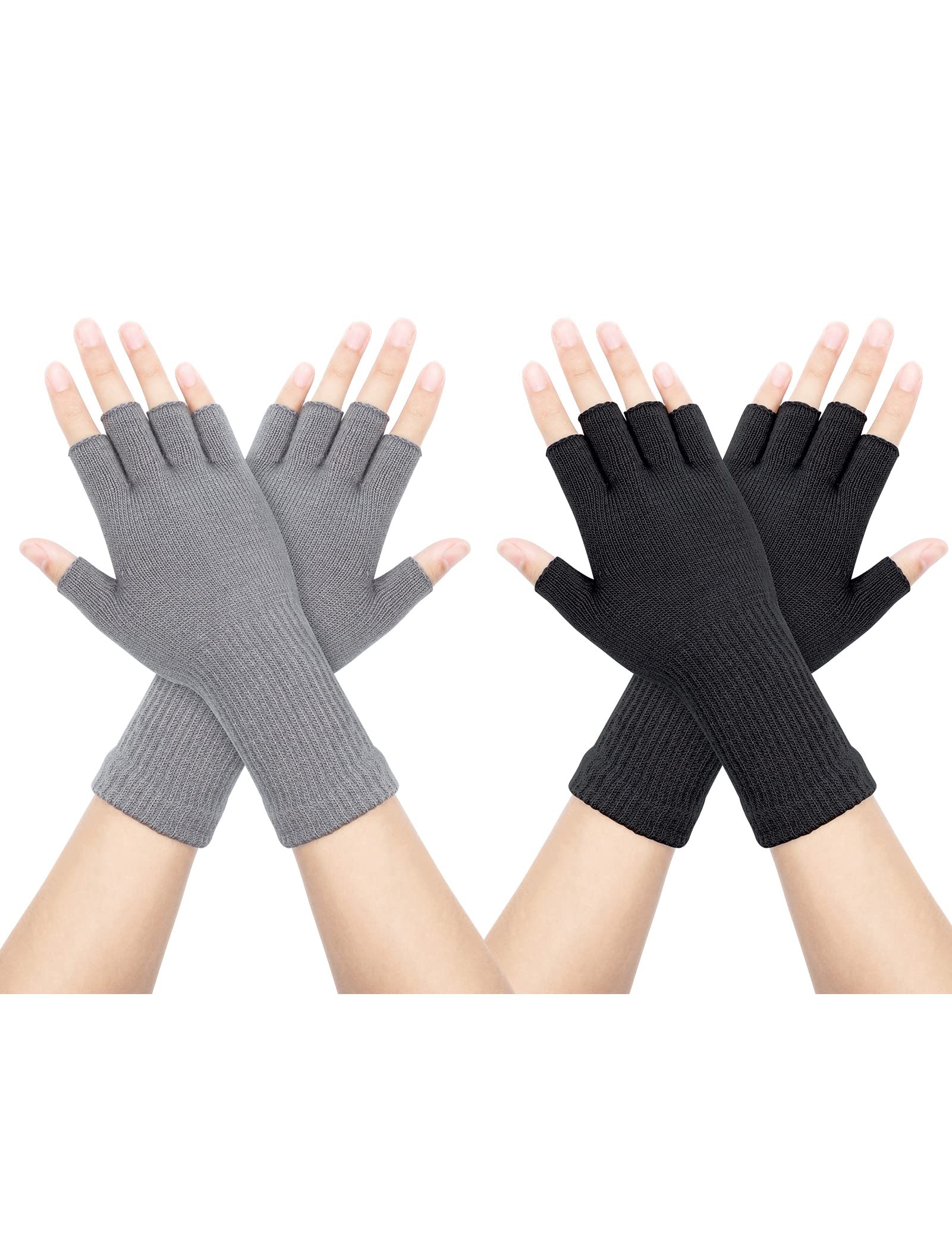 2 Paires De Mitaines Sans Doigts Femme - Tricotées Extensibles - Couleurs Noir Et Kaki - Chaudes