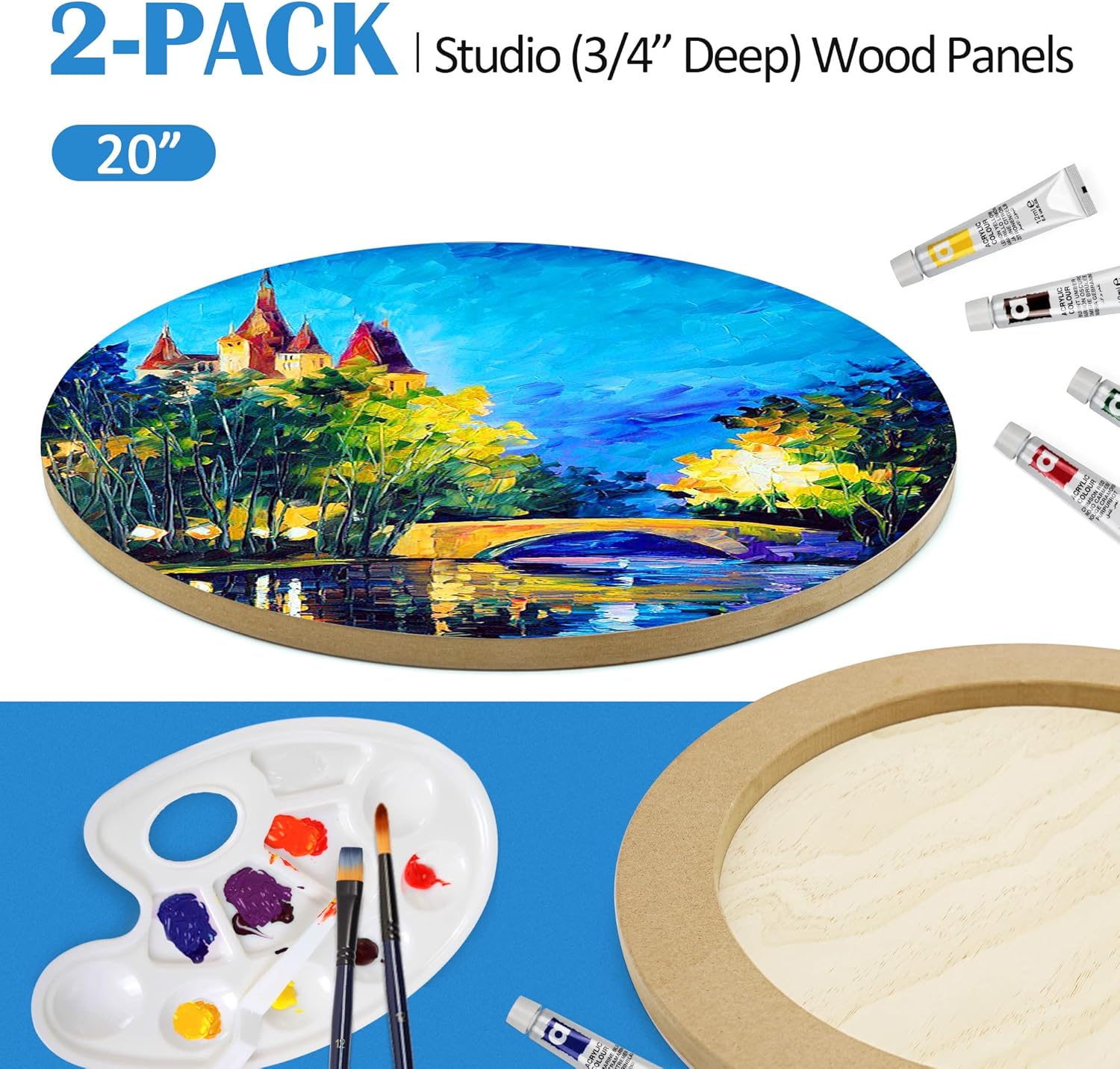 Falling in Art Unfinished Round Birch Wood Panels Kit for Painting, Wooden Canvas 2 Pack of 20 Studio 3/4" Deep, Cradle Boards for Pouring, Art, Crafts, Burning and More