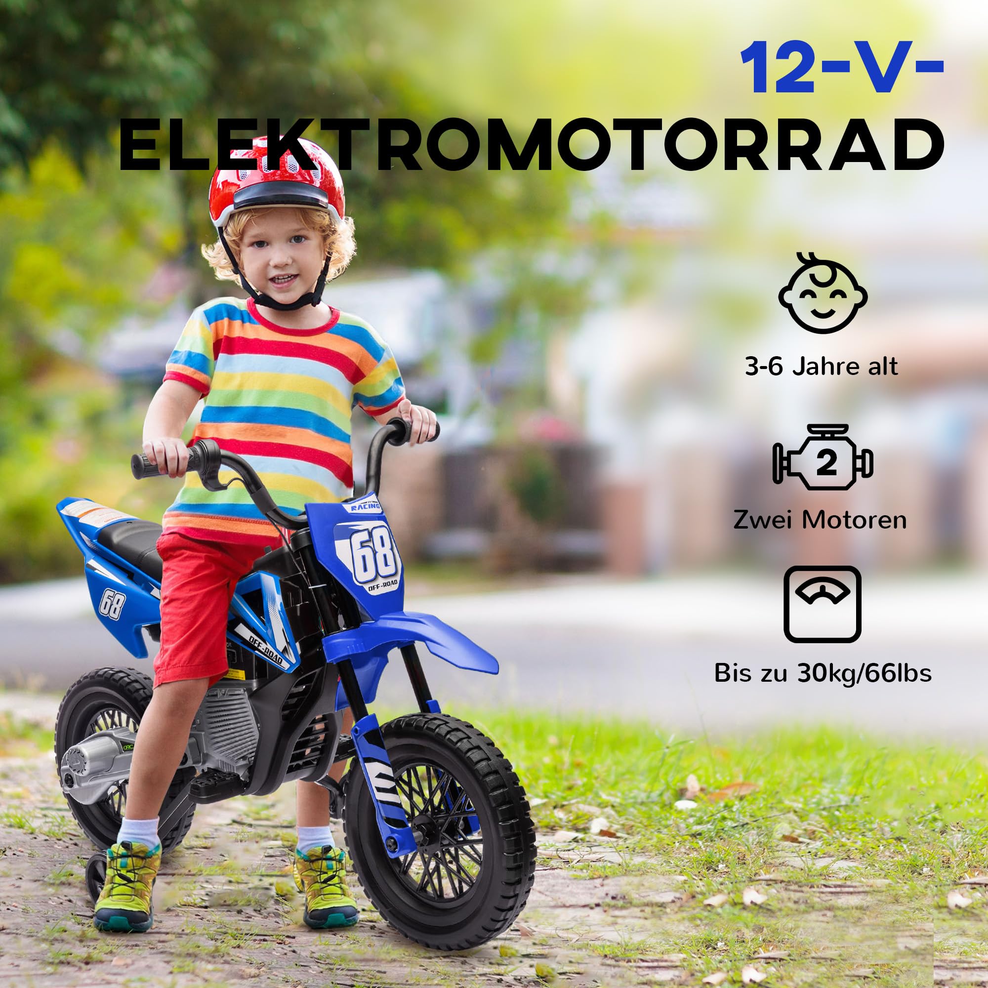 AIYAPLAY Elektro Kindermotorrad mit Musik, 2 Stützrädern, 3-6 Jahre, Blau | Elektromotorrad, Kinder Elektro Motorrad, 2,4-5 km/h