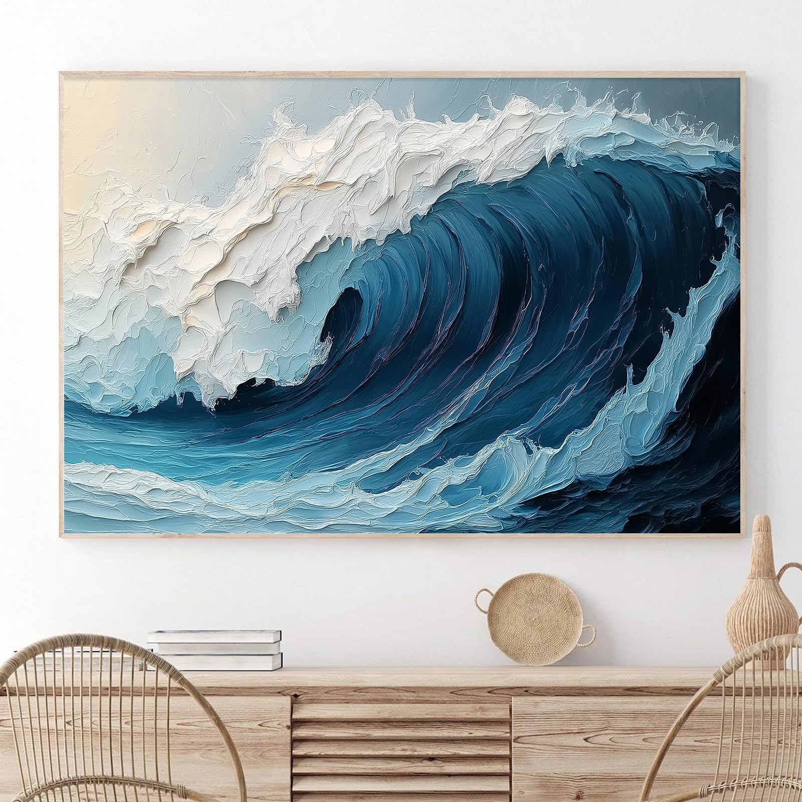 Abstract Ocean Waves Wall Art Blue and White Textured Painting Abstract Beach Art Wall Decor Abstract Seascape Canvas Wall Art Blue Abstract Pictures Abstract Ocean Artwork for Wall 24x16inch No Frame