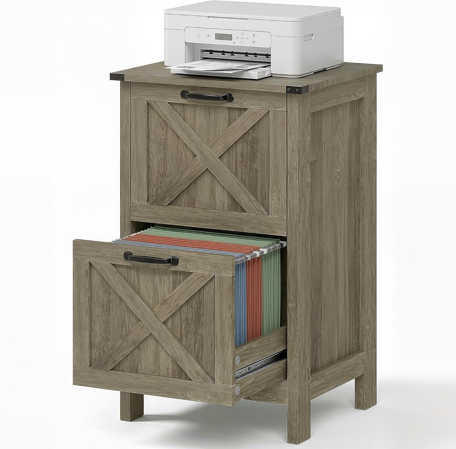 2 Drawer File Cabinet, Farmhouse Vertical Filing Cabinet, Large Wood File Storage Cabinets for 200 Files, Under Desk Small Wooden Printer Stand for Home Office, Rustic Grey