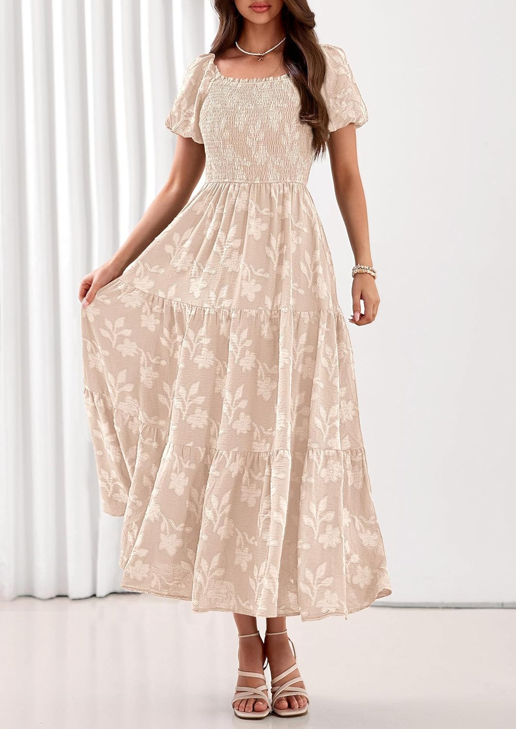 PRETTYGARDEN Women's 2026 Summer Boho Maxi Dresses Floral Short Sleeve Square Neck Smocked Flowy Long Dress Vacation Outfits - Image 3