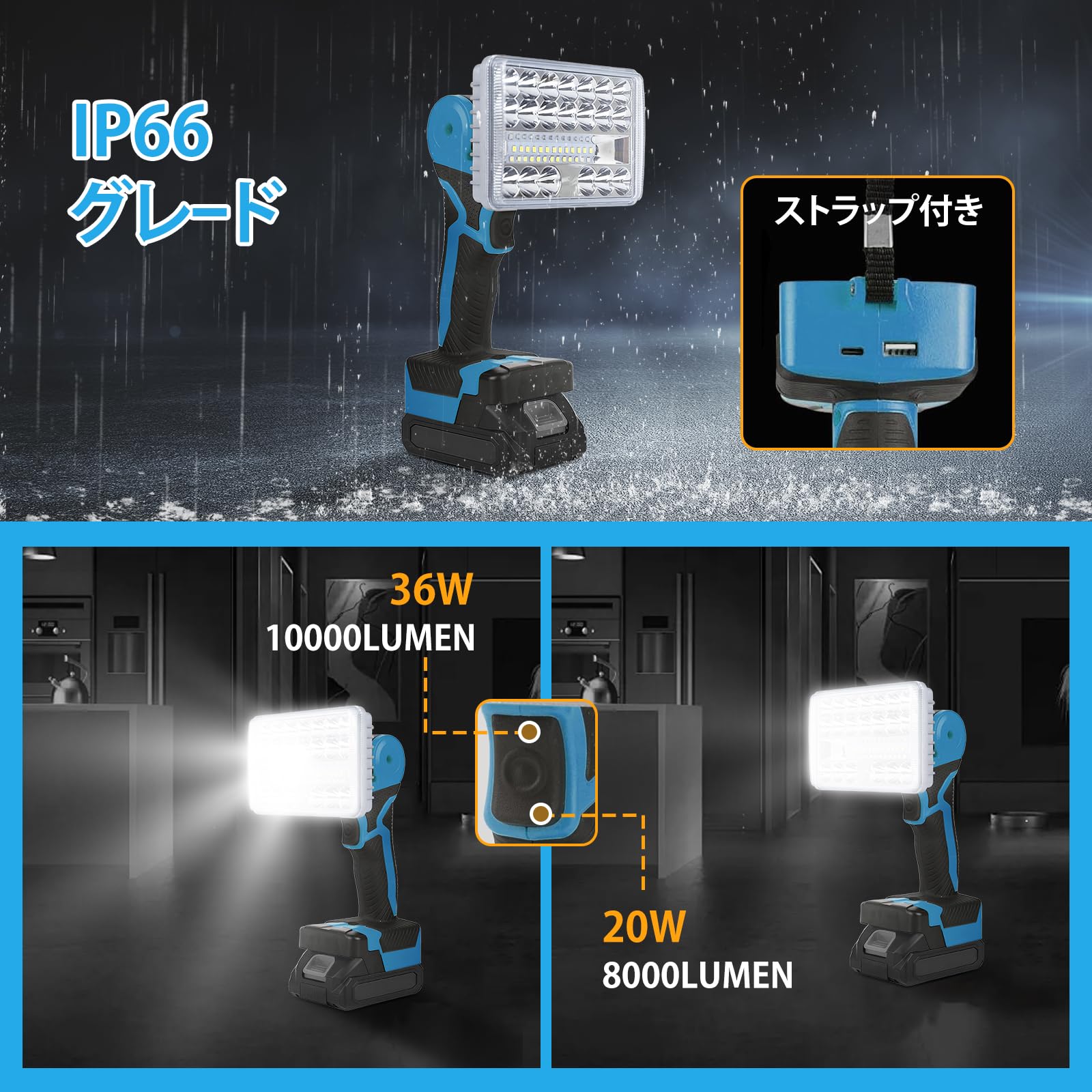 Amazon.co.jp: LEZZYRUCK 作業灯 LED投光器 ワークライト 充電式【36W 