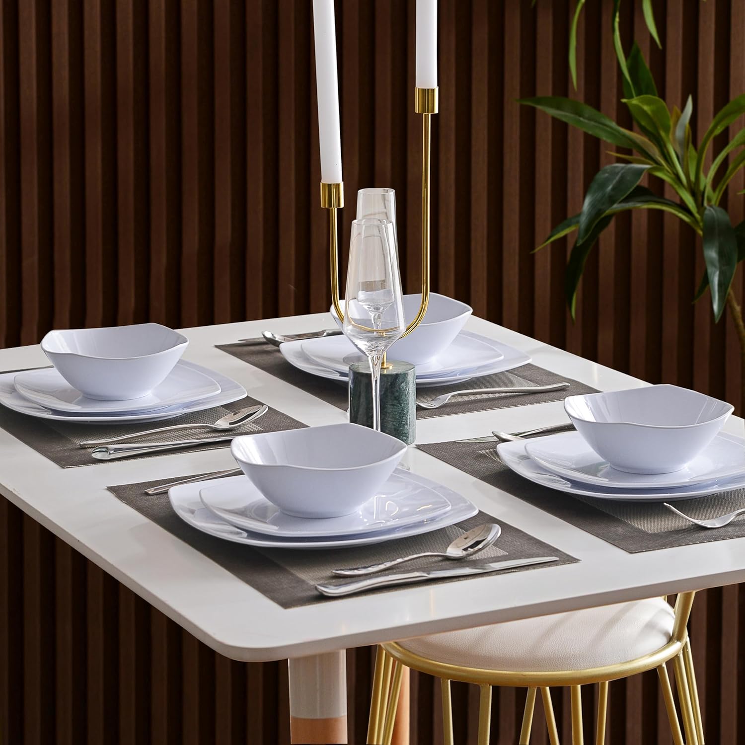 Melamine Dinnerware Sets, Square Dinnerware Sets, White Color Plates and Bowls Sets for 4, Unbreakable Dishwasher Safe BPA Free