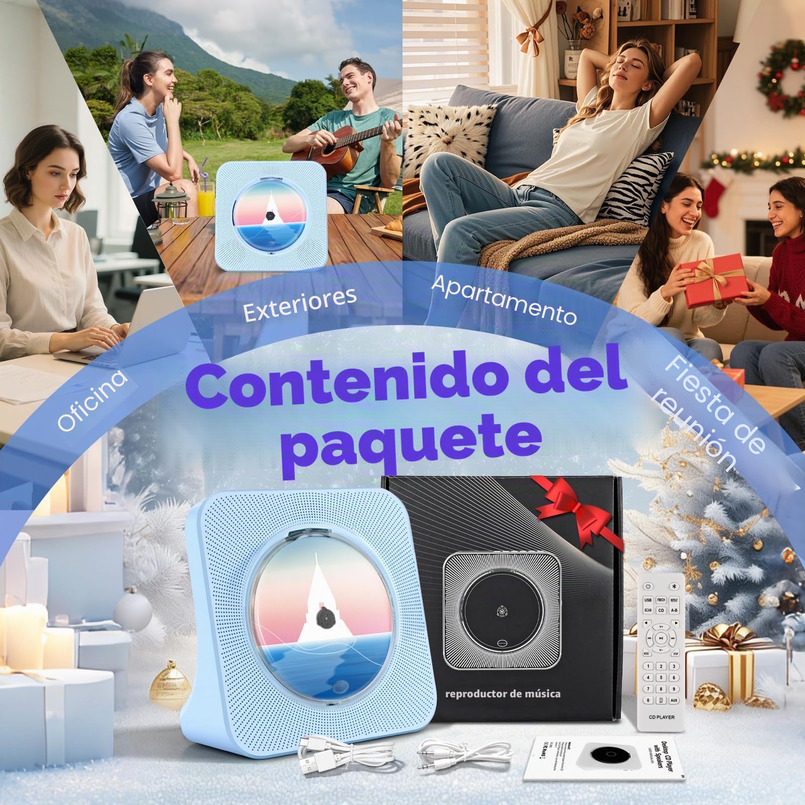 Reproductor CD Portátil Infantil, Reproductor de CD Bluetooth y Altavoces HiFi CASA, Home CD Player Compatible con USB/Radio FM/Conector para Auriculares/Temporizador de Apagado (no Recargable)