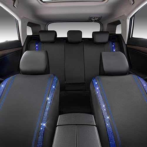 Miniatura 205 de CAR PASS Funda de asiento trasero de cuero y diamantes de imitación brillantes, impermeable, diseño de diamante brillante, ajuste universal, tiras