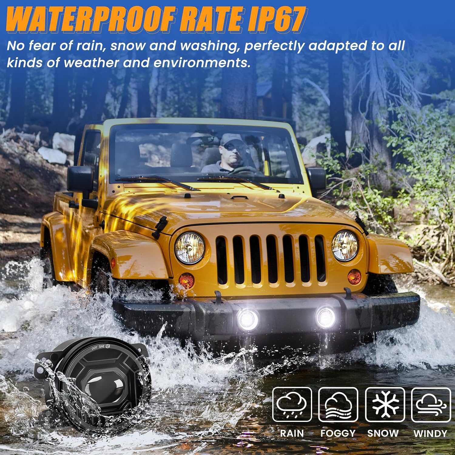 4 Inch Round LED Fog Lights for 2007-2018 Jeep Wrangler JK JKU 2018-2024 Jeep Wrangler JLU Accessories, 60W White Amber Off-Road Lamps Black Front Bumper LED Fog Lights Assembly, DOT Approved