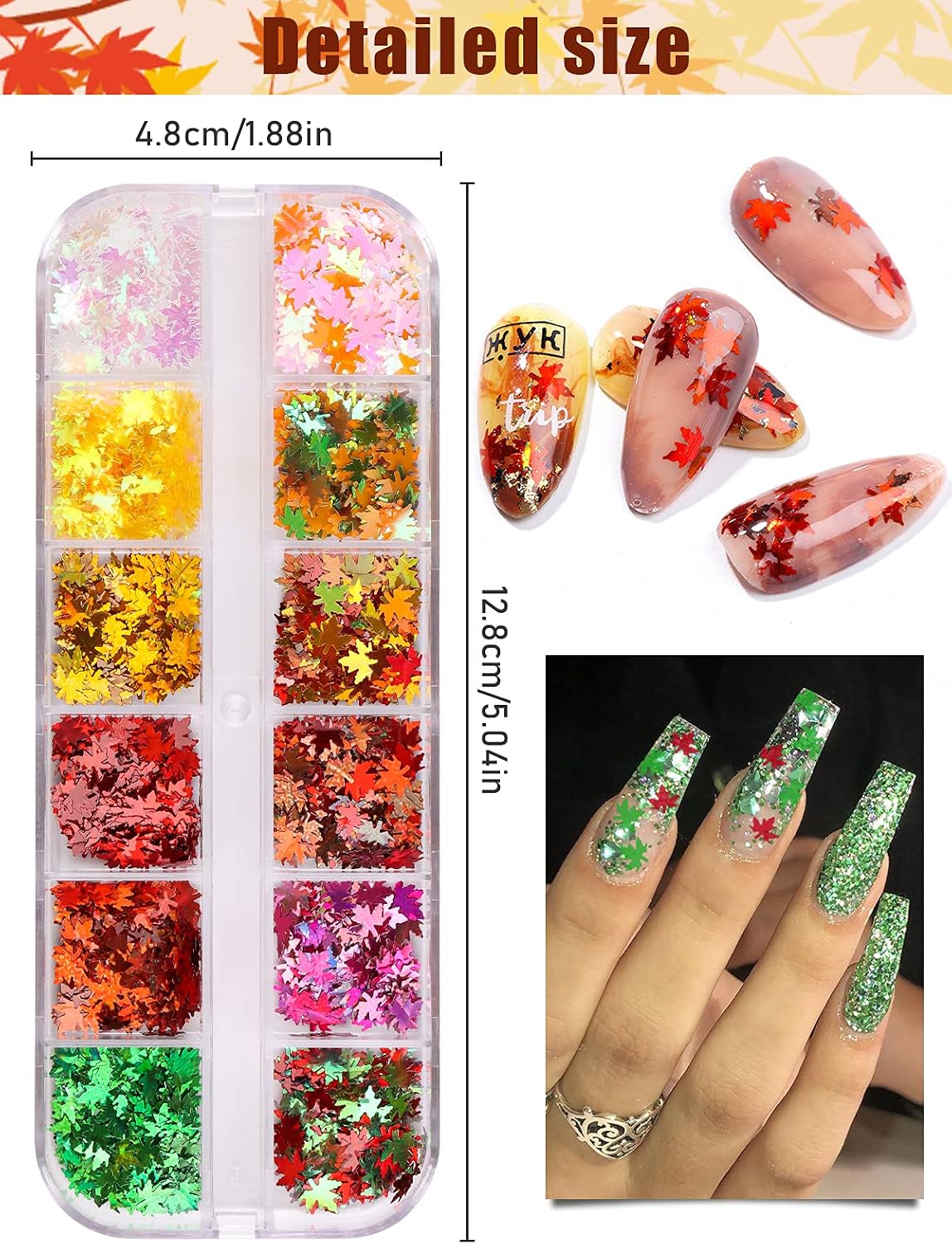 EBANKU 12 Colors 3D Fall Leaves Nail Art Glitter Sequins