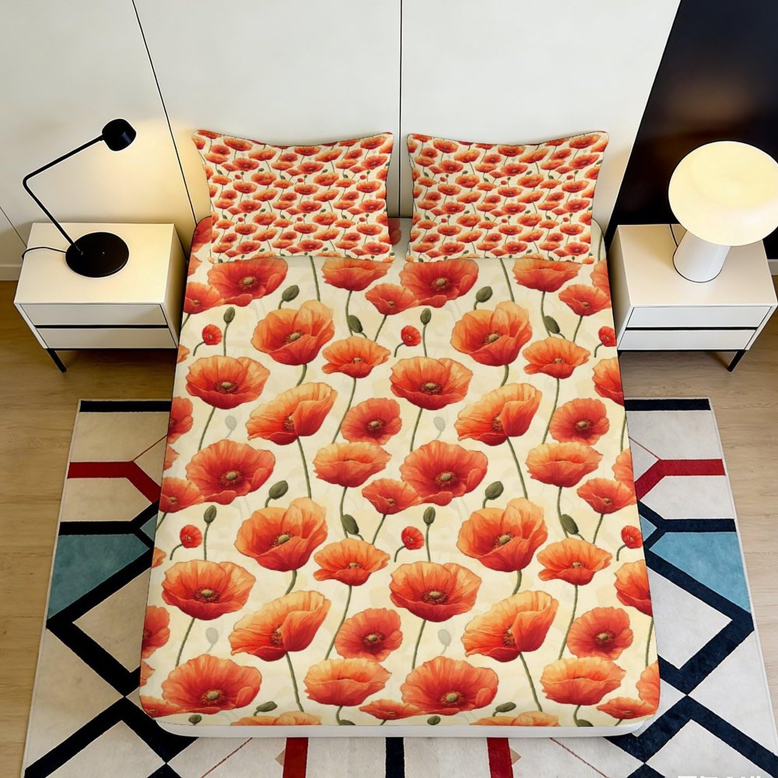Uxinyoume Style-1 3D Printed Red Poppy Floral Fitted Sheet Microfiber Soft Anti-Slip Orange Blossom Bed Cover For Bedroom Guest Room Decor 90X200x25cm