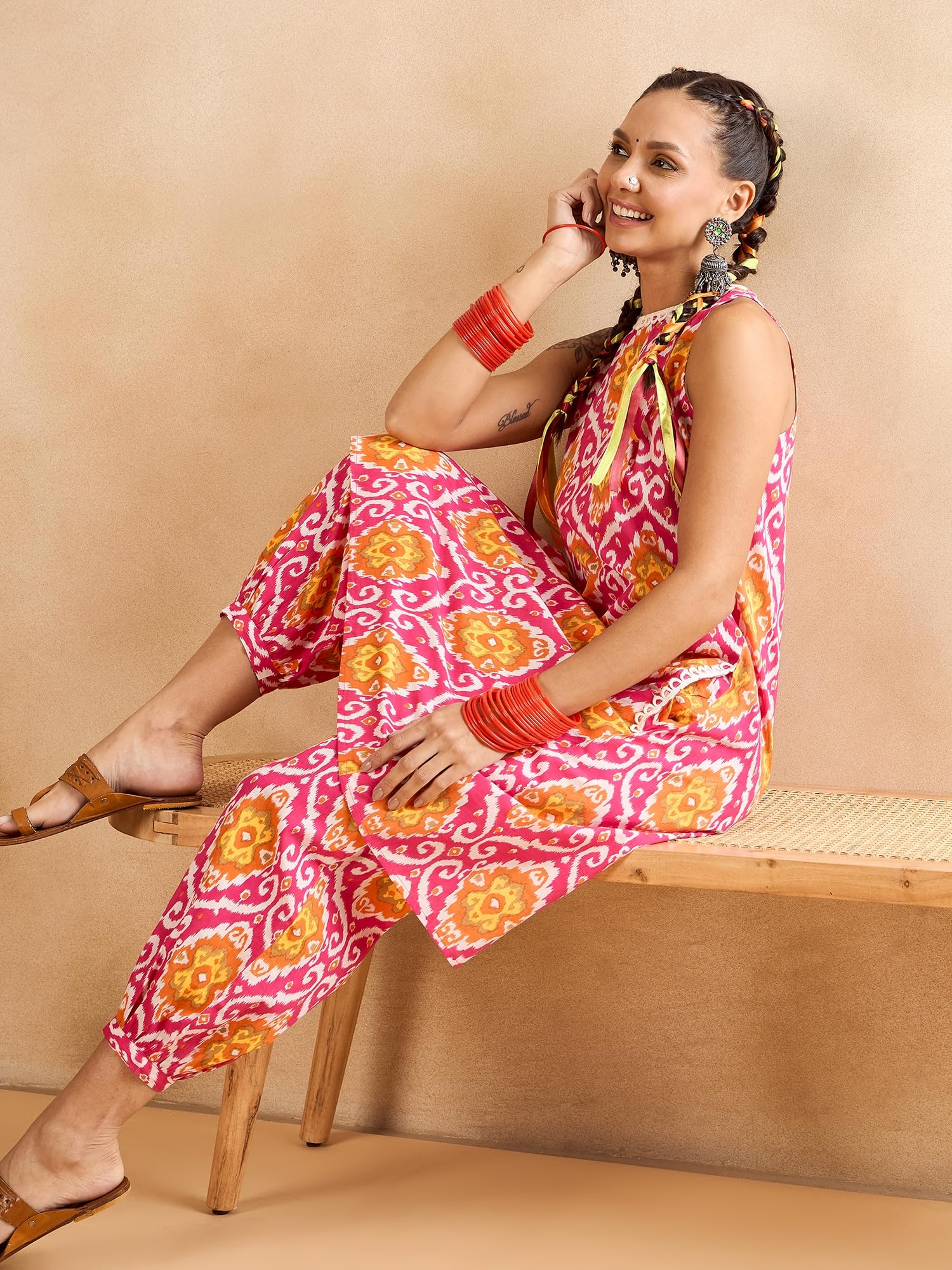 WineRed Women Pink Geometric Print Sleeveless Co-ord Set 1