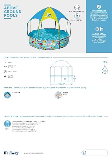 Miniatura 18 de H2OGO! - Piscina redonda para niños con marco de acero de 8 pies sobre el suelo con rociador de agua y toldo para sol, estampado de hojas tropicales