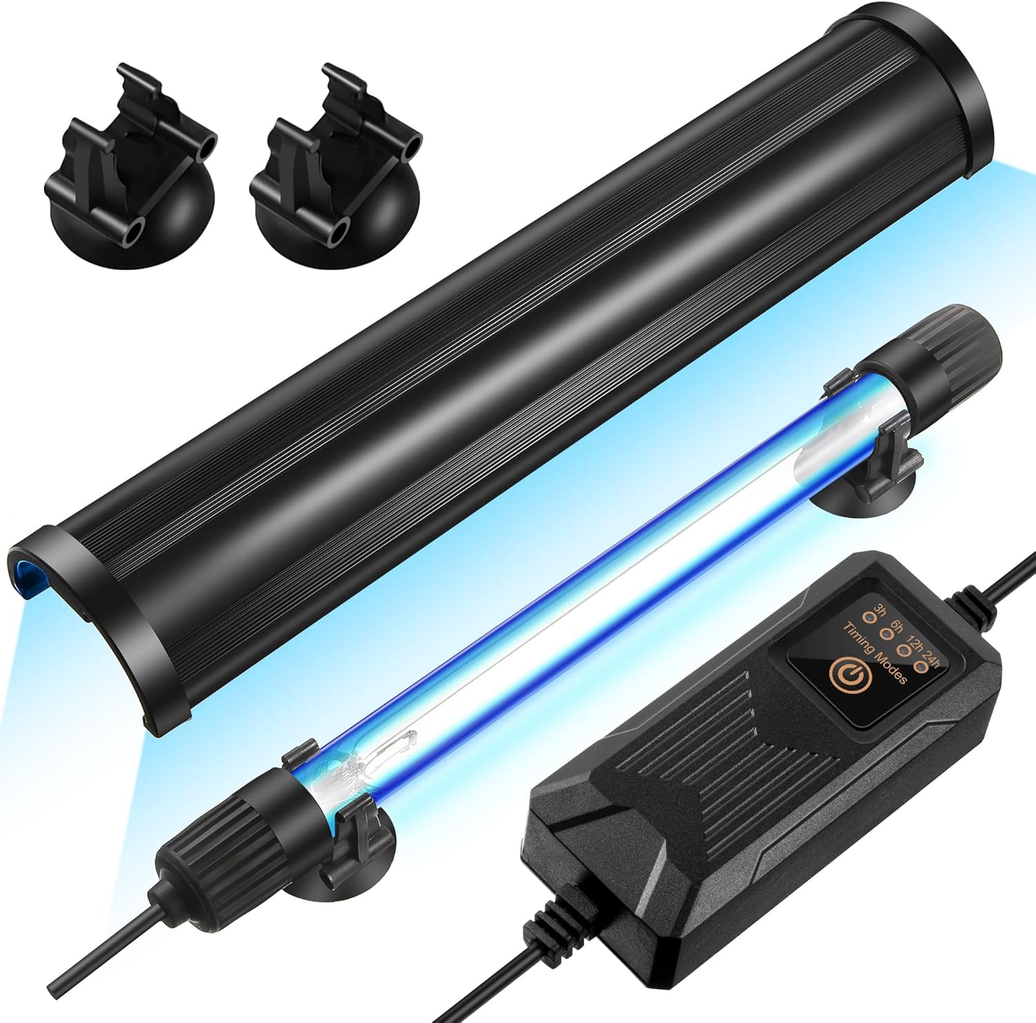 Aquarium UV Light for Fish Tank, 11W UV Sterilizer for Aquarium Algae Control, Submersible Waterproof UV Light with Timer and Hood for Pond Sump Swimming Pool