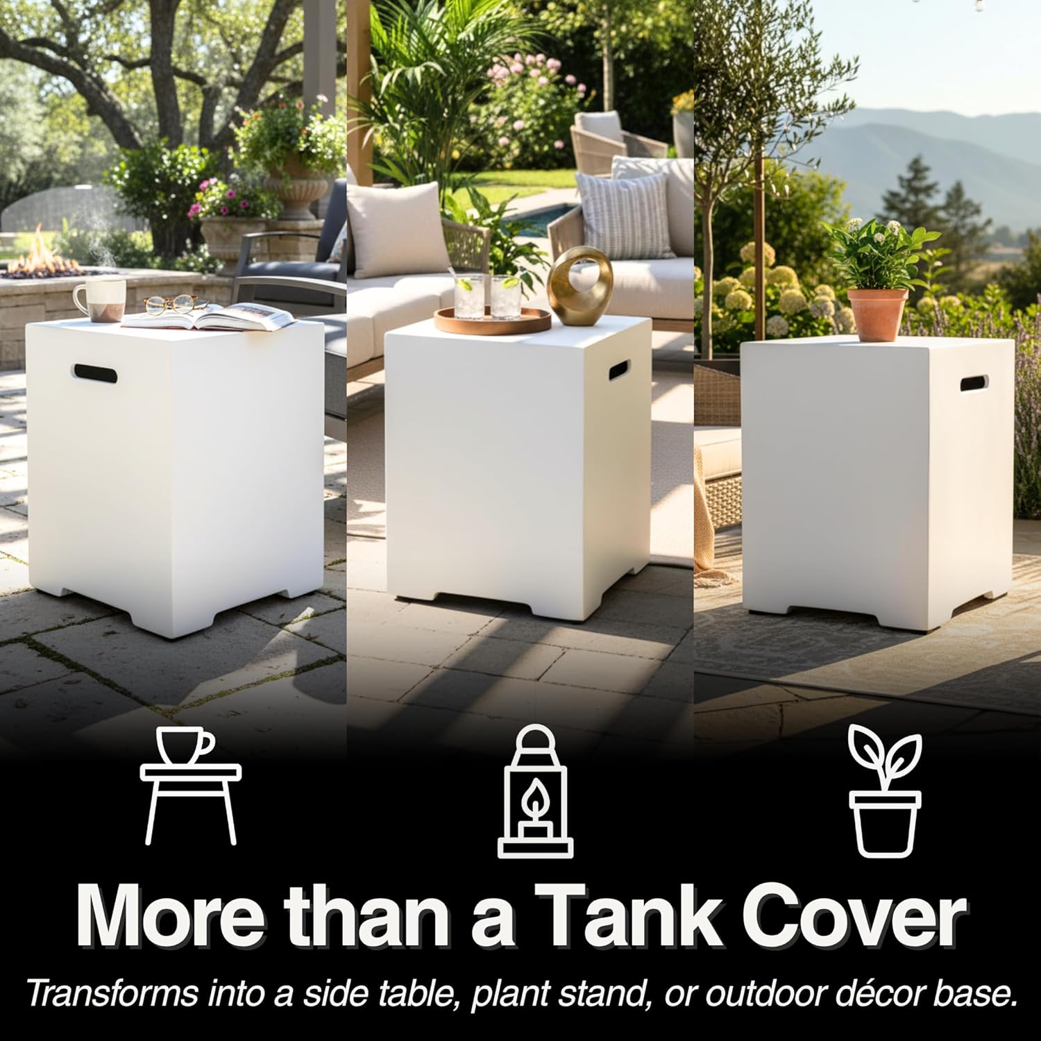 Propane Tank Cover Table for Fire Pits, 20 LB Concrete Propane Tank Holder with Side Handles, Outdoor Tank Storage Side Table for Patio, Gas Griddle, Ancient White