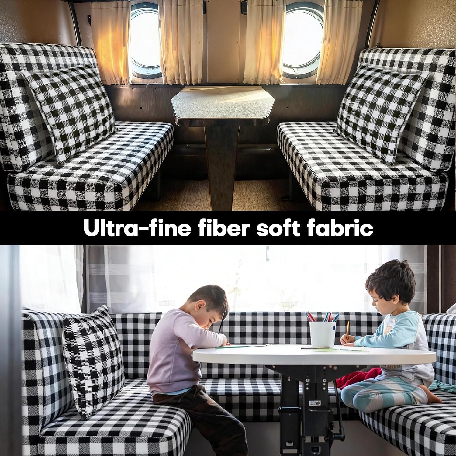 6Pcs Rv Dinette Cushion Covers Checkered Cushion Covers Dinette Booth Seats Stretch Washable Rv Seat Cover for Camper Car Bench with 2 Pillowcase,2 Backrest and 2 Bench Cover(Black)