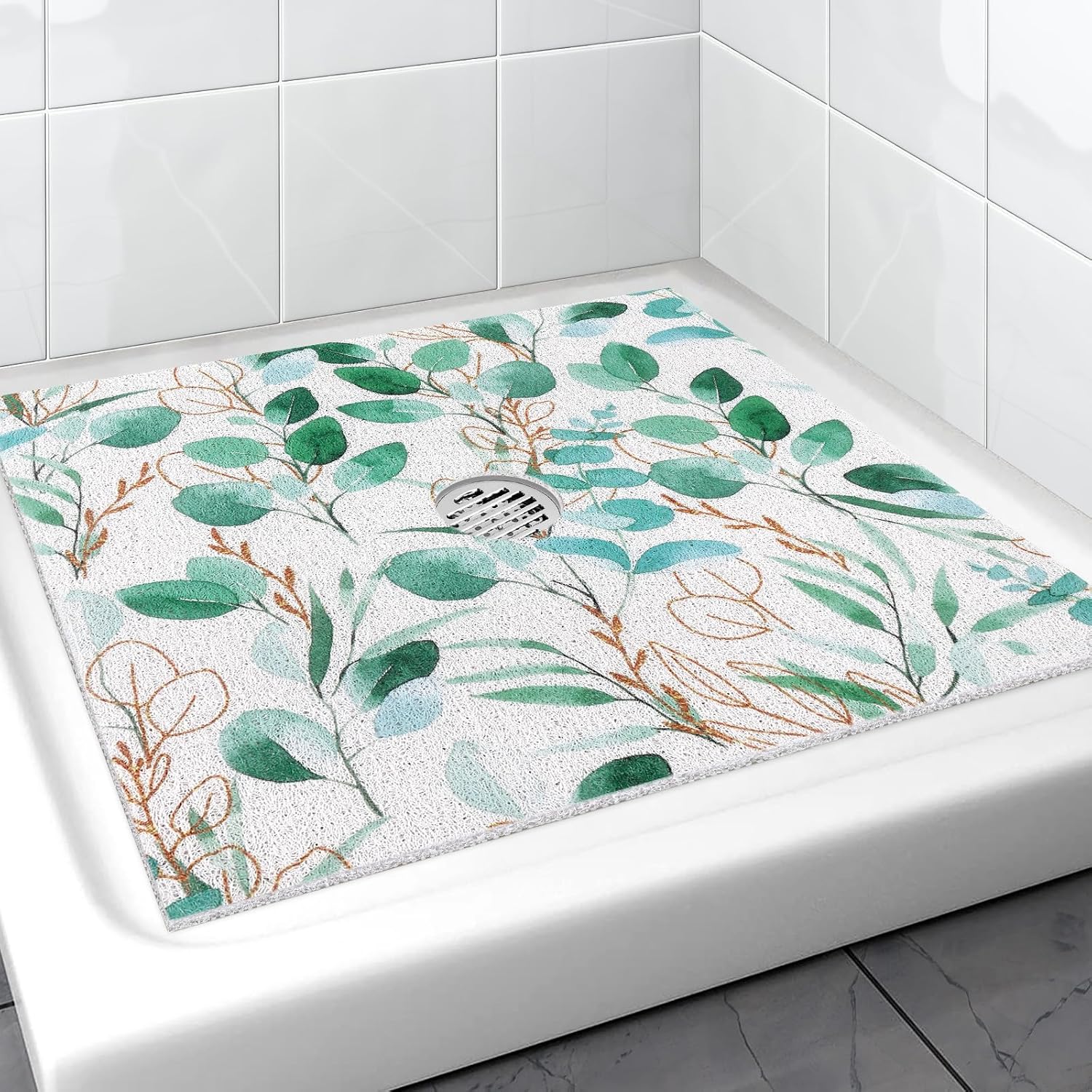 Square Shower Mat Non Slip, 24 x 24 Inch Loofah Shower Mat with Drain Hole in Middle,Soft Shower Floor Mat for Inside Shower, Anti Slip Shower Mat for Elderly,Massage Shower Stall Mat,Quick Drying