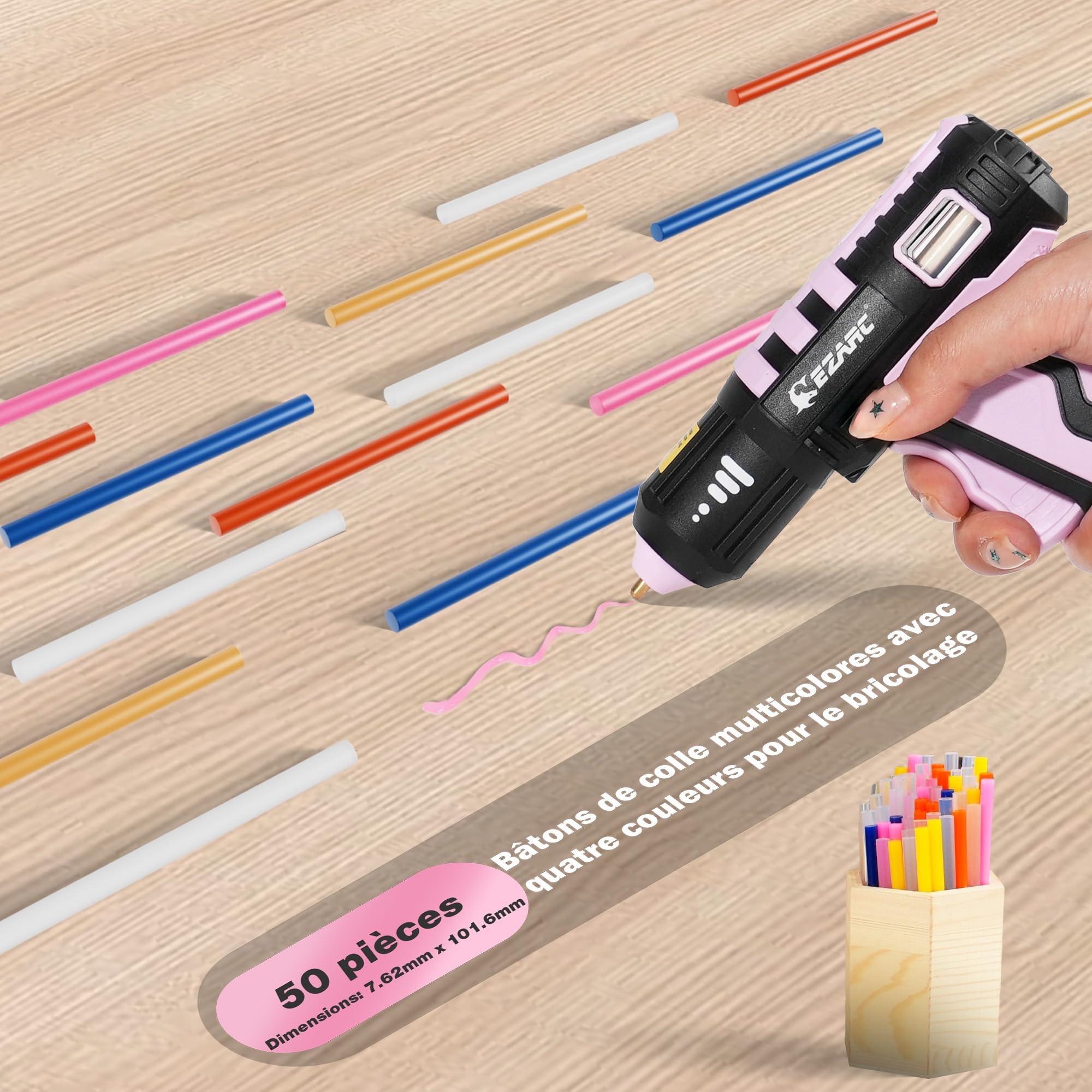EZARC Pistolet à Colle Sans Fil, Chauffage Rapide 15s, 12V, Mini Pistolet à Colle pour Bricolage, Réparations Maison, Projets Scolaires, Décorations, avec 50 Mini Bâtons de Colle, Rose