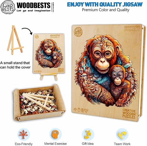 Miniatura 3 de WOODBESTS Rompecabezas de madera para adultos, rompecabezas familiar de orangutanes (M, 190 piezas, 11.7 x 11 pulgadas), hermosa caja de madera,