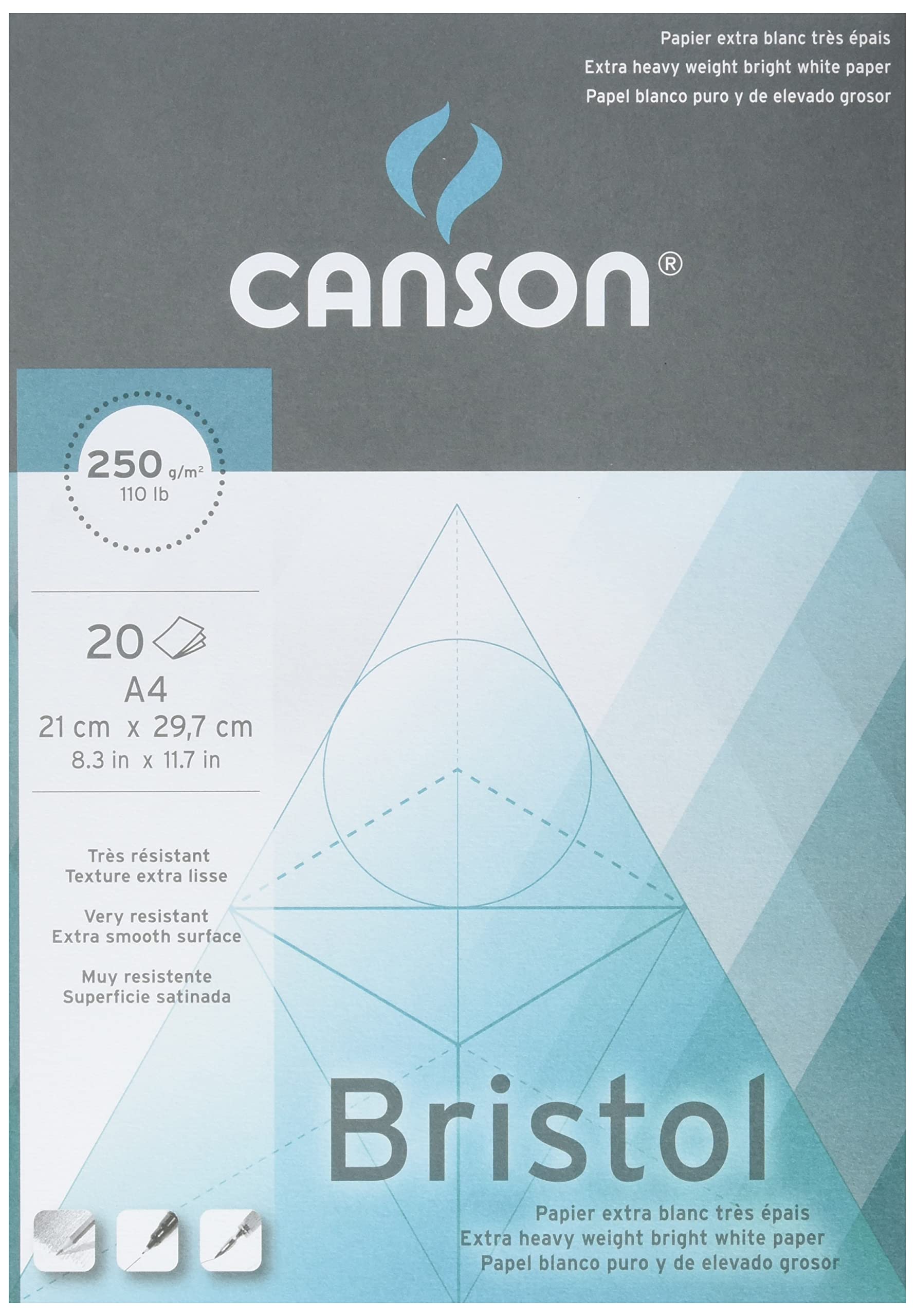 Canson Bristol 250gsm Paper, high-White & Ultra-Smooth, A4 pad Including 20 Sheets A4 - 21x29.7cm