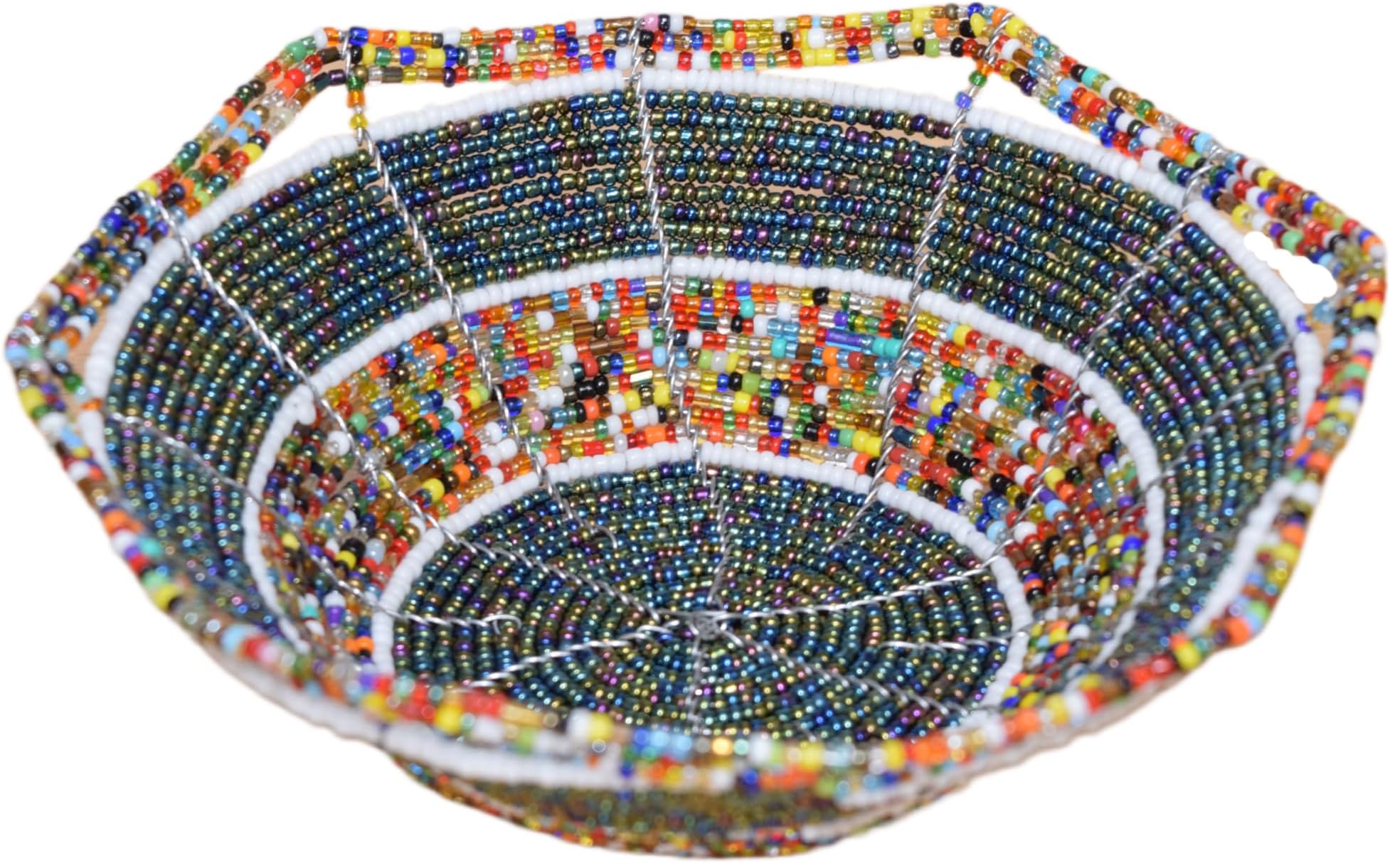 Small African Beaded Wire Bowl - Maasai Jewelry Bowl - Handmade in Kenya - 6 Inches, Metallic Green