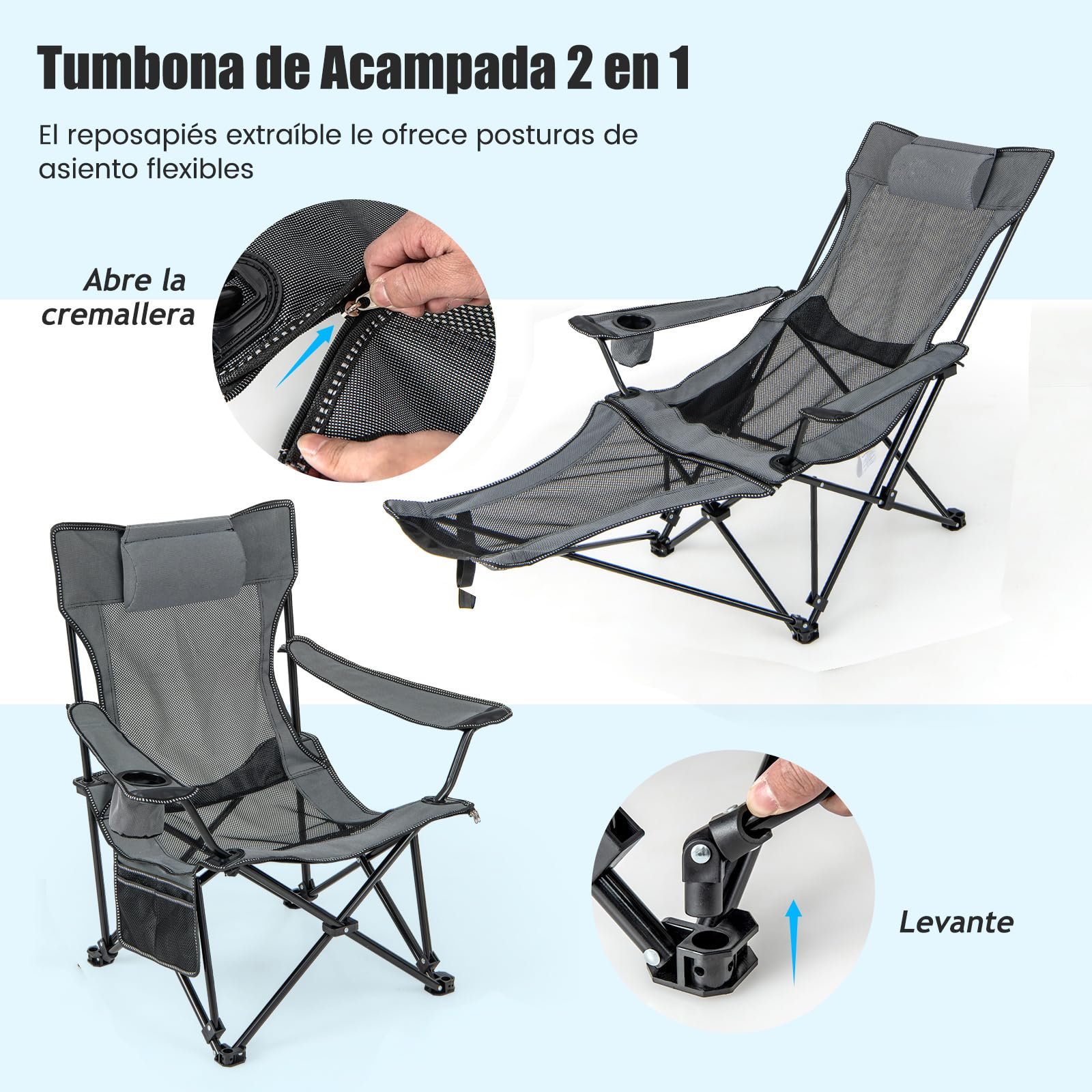 COSTWAY Silla Plegable Camping, Silla de Acampada Portátil 2 en 1, Reposapiés Desmontable, Respaldo Ajustable, Portavasos y Reposacabezas, Bolsa De Almacenamiento, Silla Camping Pesca, Picnics (Gris)