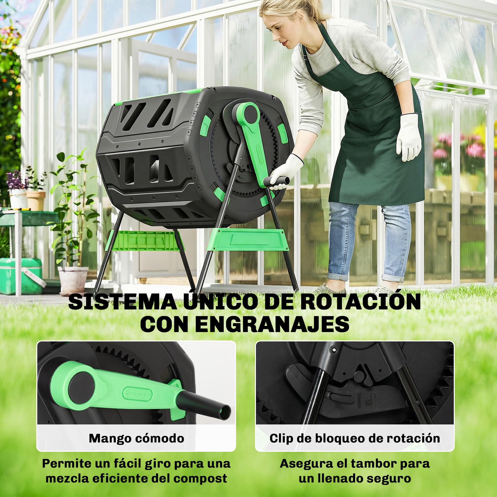Outsunny Compostador Giratorio de 200L, Contenedor de Compostaje de Jardín de Doble Cámara, Sin BPA, Compostadora con Aberturas de Ventilación, 2 Puertas Deslizantes y Patas de Metal, Verde