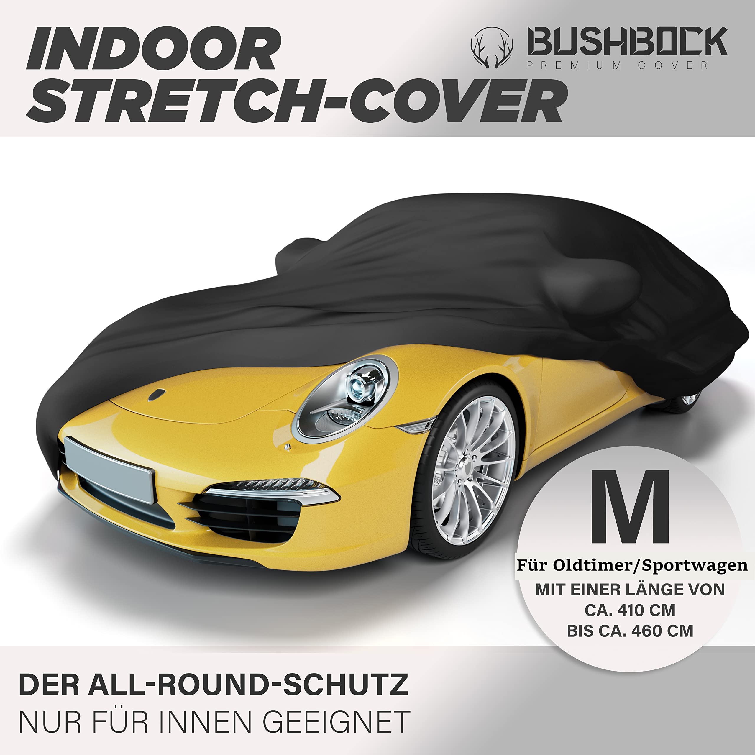 BUSHBOCK® Premium Autoabdeckung Indoor - Satin Schutzhülle Stoff - Abdeckplane Autoplane Autogarage Innenbereich - 2 Farben, 4 Größen (Schwarz, M)