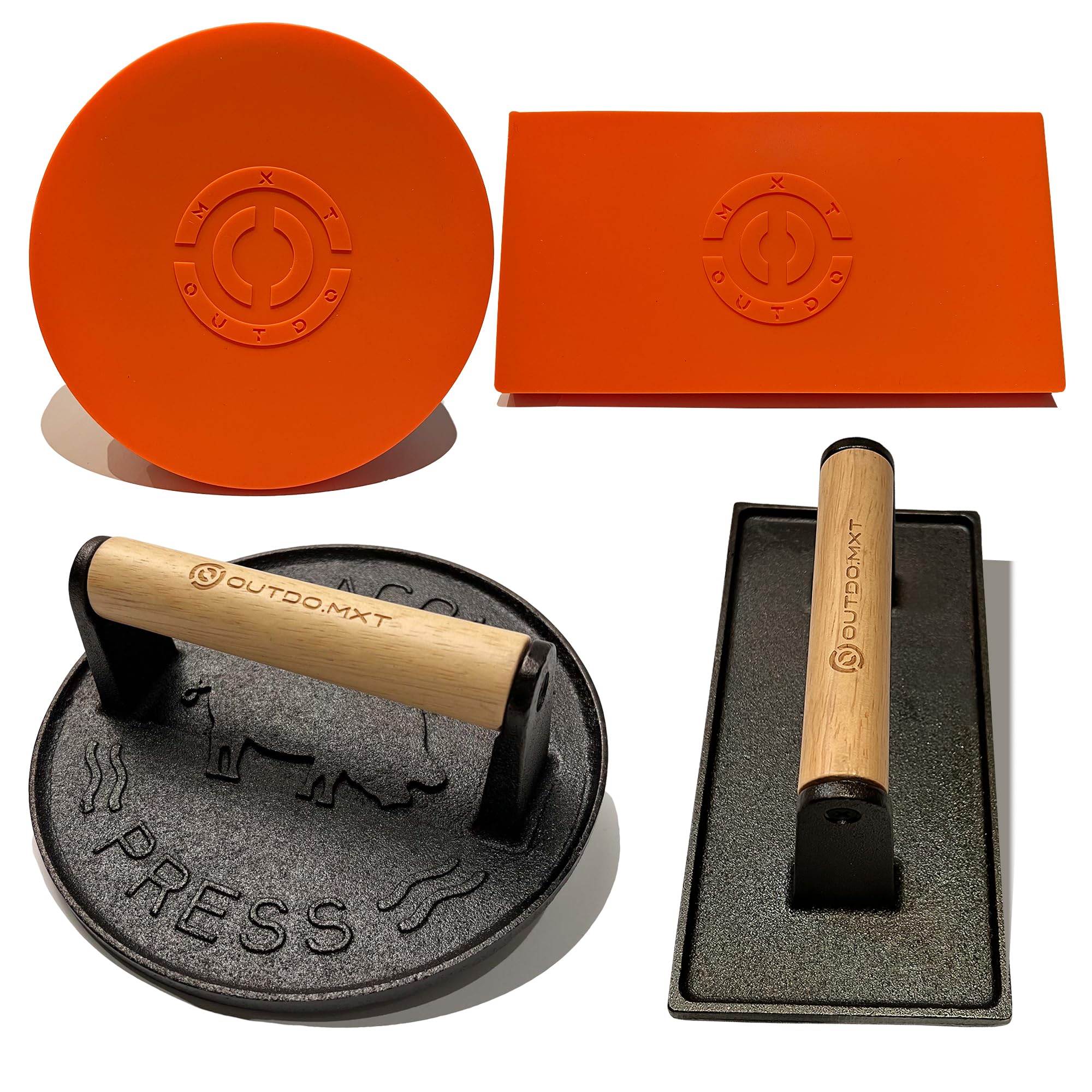 Cast Iron 7" & 8.5" X 4.3" Smash Burger Press, Heavy Duty Burger Smasher with Wooden Handle and Silicone Protective Cover for Griddle,Grill Press for Hamburger, Bacon, Barbecue Grilling Tool