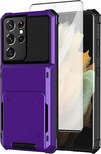 Asuwish Funda de teléfono para Samsung Galaxy S21 Ultra 5G con protector de pantalla de vidrio templado y ranura para tarjeta de crédito, funda