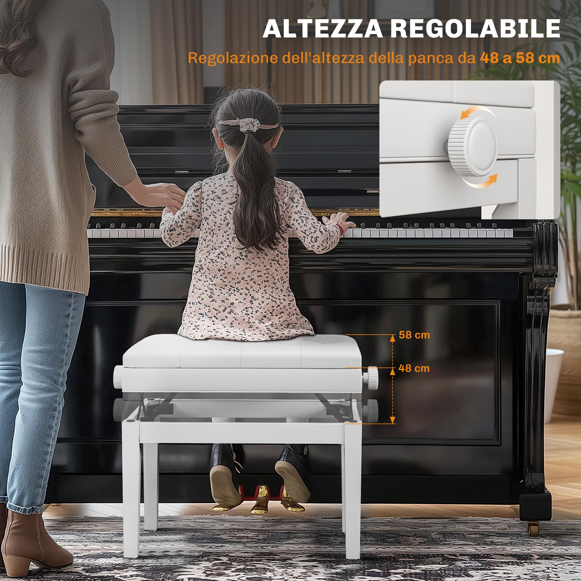 HOMCOM Sgabello Pianoforte con Altezza Regolabile 48-58 cm 200 kg Bianco | Panca Pianoforte, Vano Contenitore, Seduta Imbottita, Pelle PU, Gambe Legno di Caucciù, per Tastiera, per Pianola
