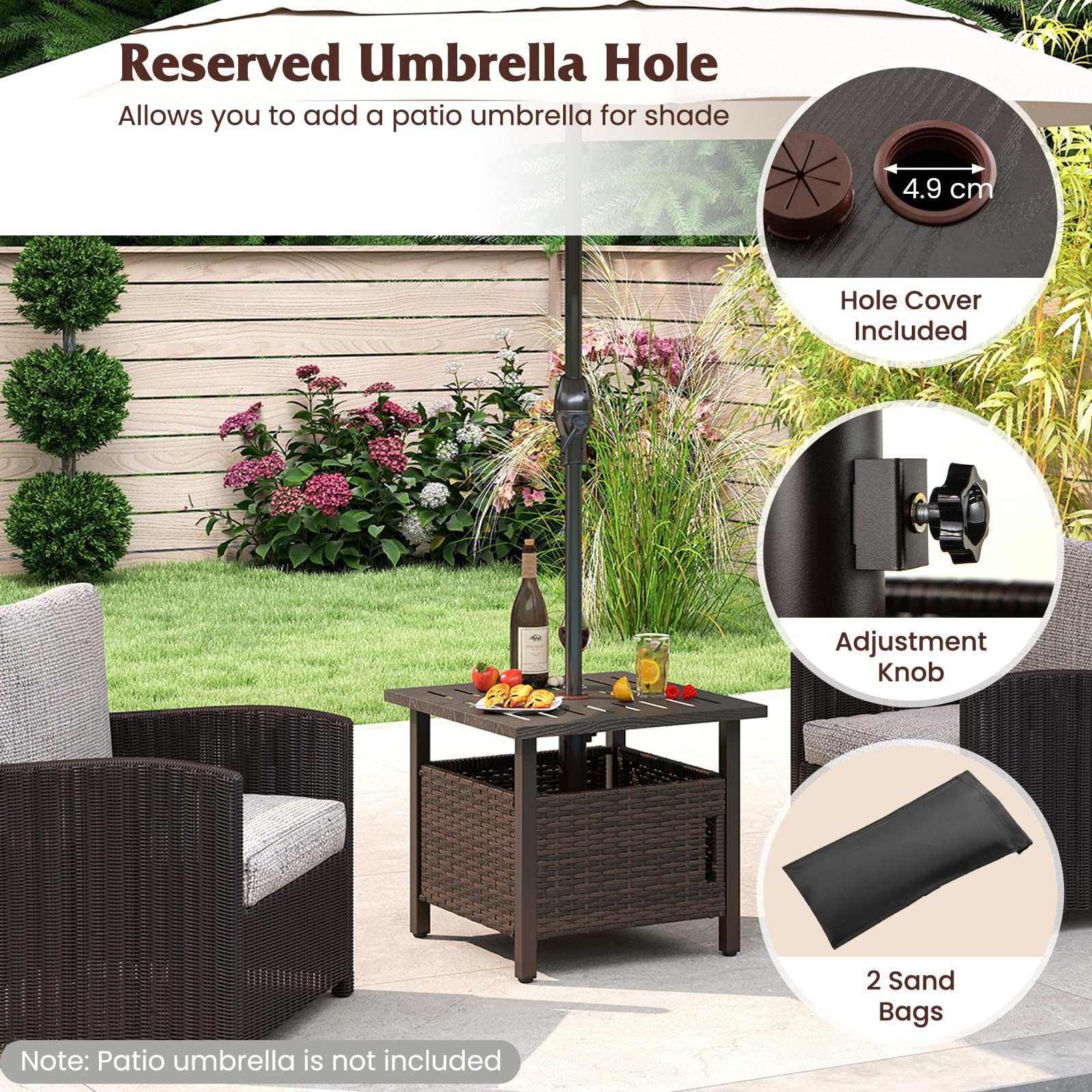 LIFEZEAL Mesa de Jardín de Polirratán con Orificio para Sombrilla, Mesa Auxiliar para Exterior, Resistente a la Intemperie, Mesa de Terraza con 2 Sacos de Arena, para Balcón y Jardín, Marrón