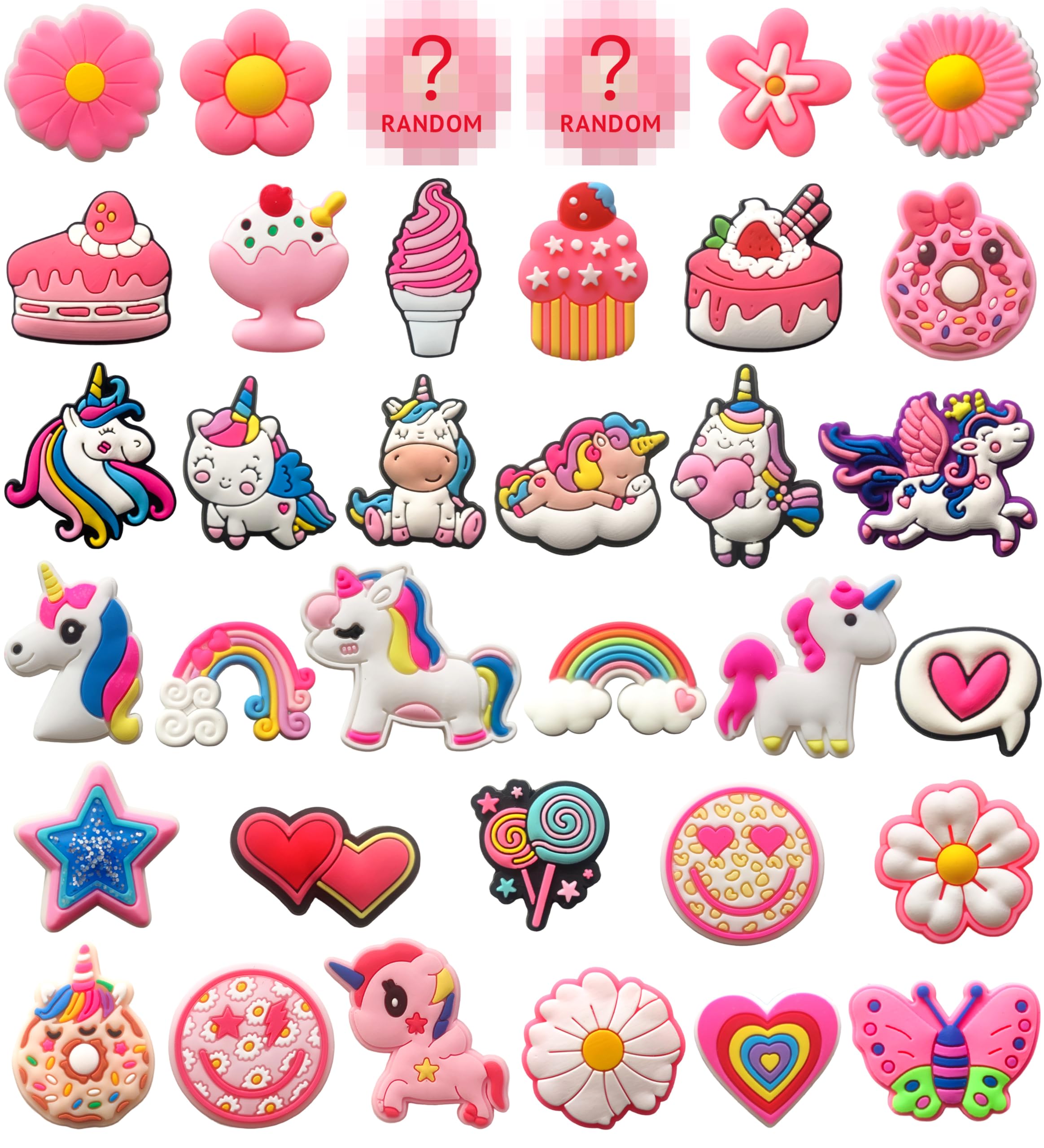 Pink Flower & Unicorn Shoe Charms for Girls, 36 PCS Cute Icecream Shoe Decoration Pins for Clog, Shoe Accessories for Women Party Favor Gifts