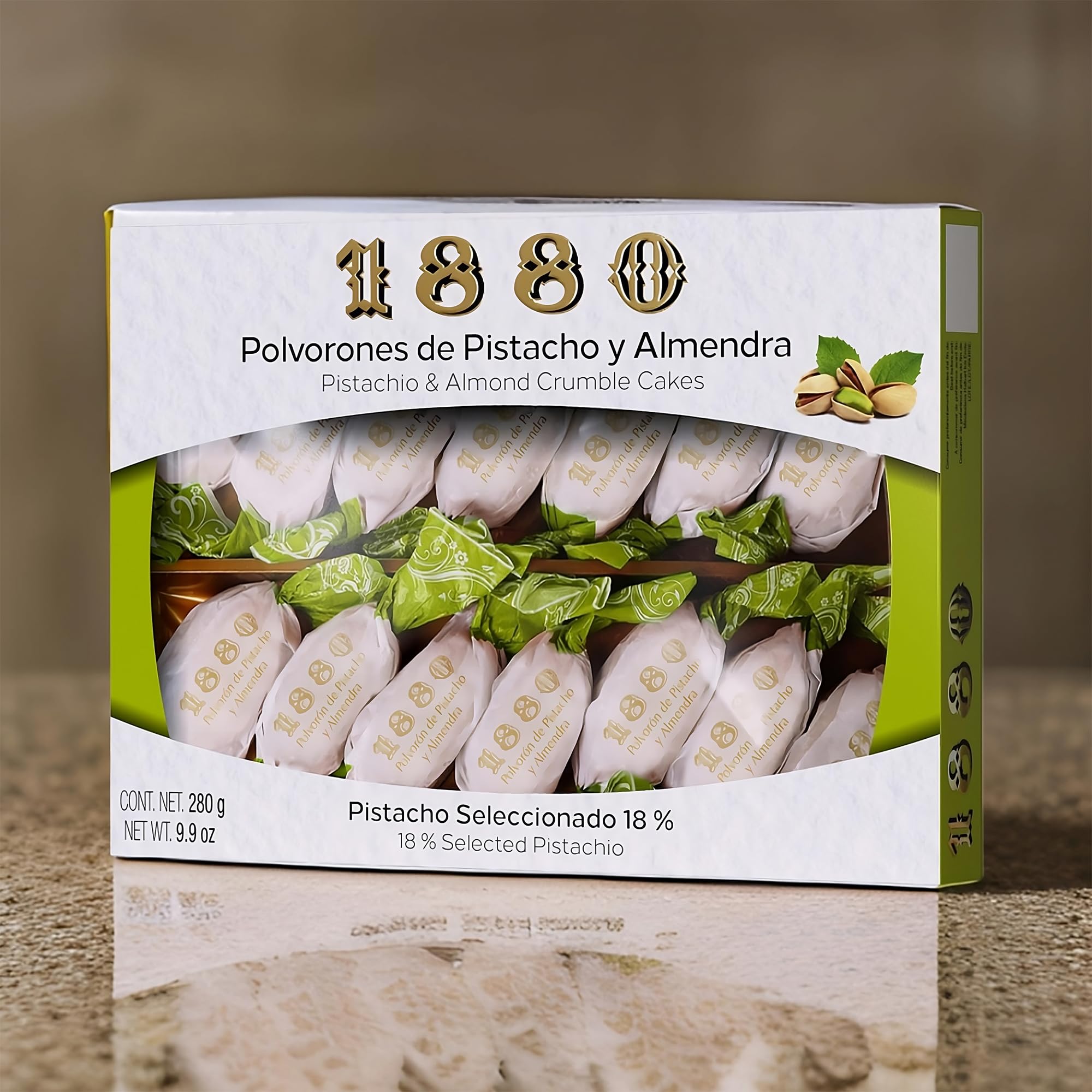 1880 - Polvorones de Pistacho y Almendra, Calidad Suprema, Típico Dulce Navideño, Receta Artesanal, Envase Individual, Polvorones Tradicionales, Elaborado con Almendras Seleccionadas, 280 Gramos