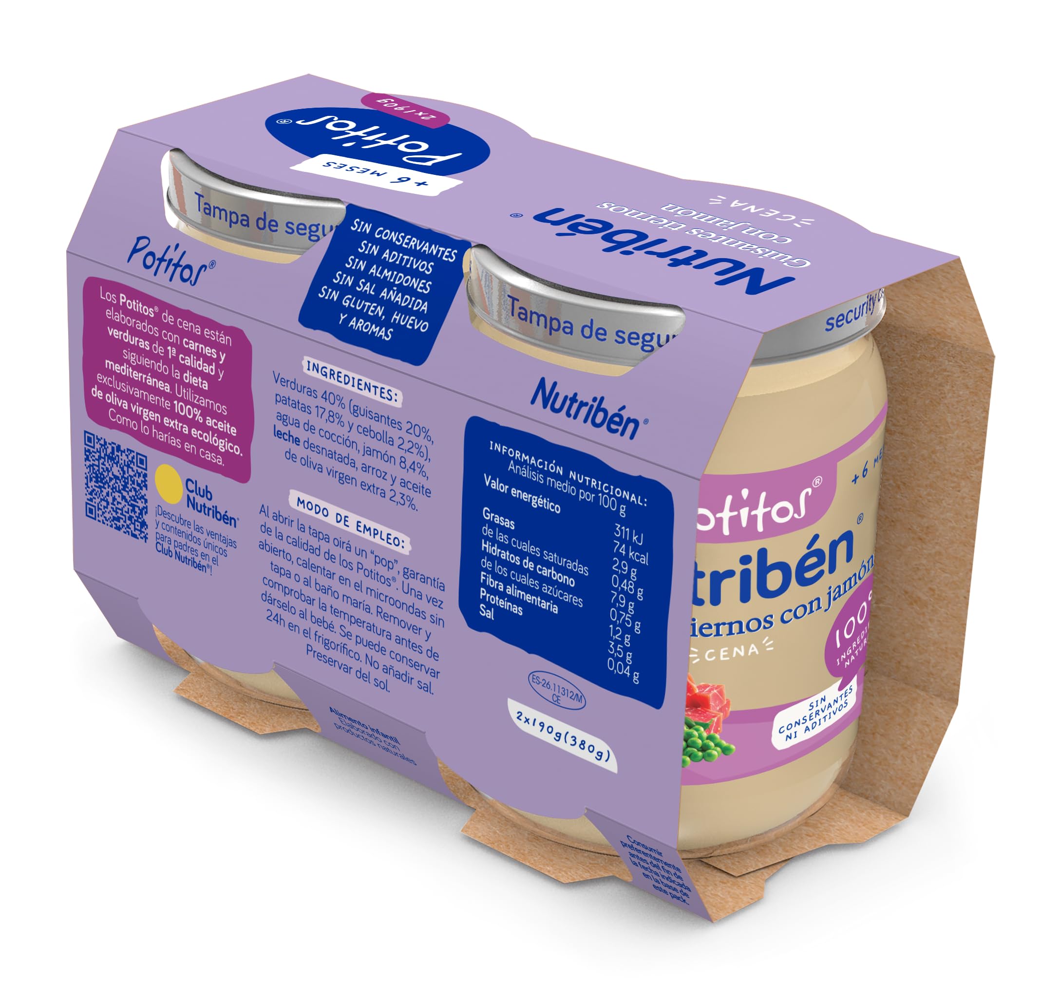 Nutribén Potitos Tarrito Cena Guisantes Tiernos Jamón Bebé 6 Meses Sin Azúcares Añadidos Pack 2x190g