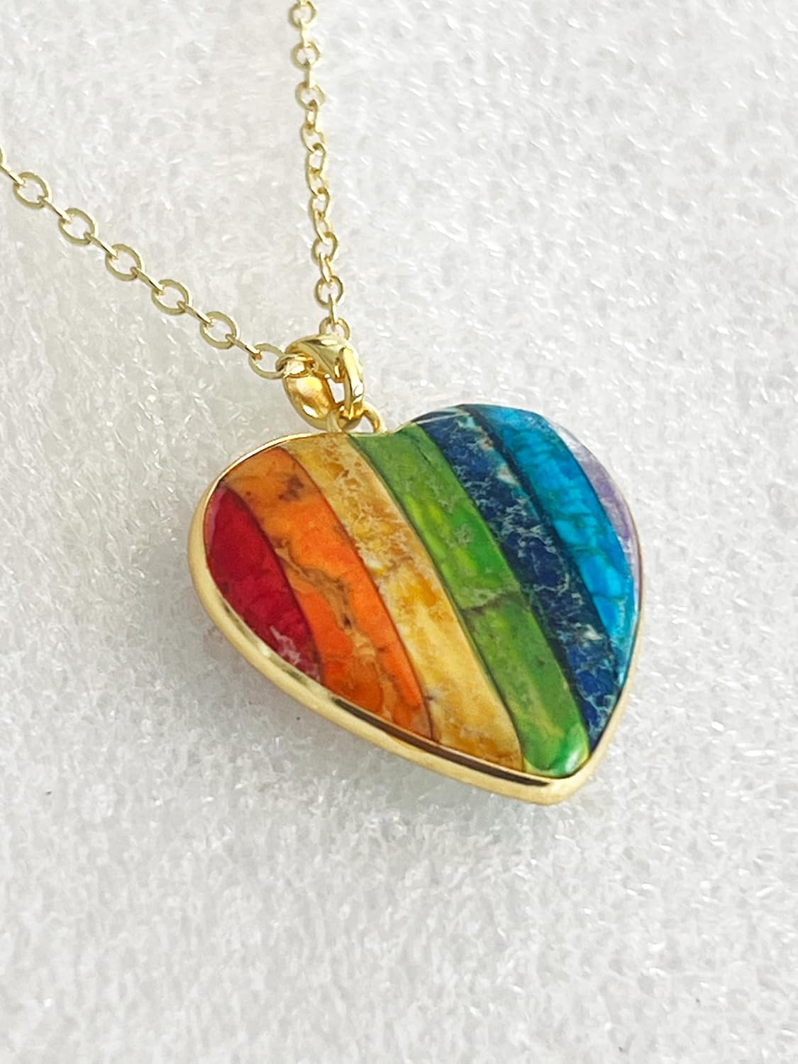 Gold Tone Metal Natural Stone Rainbow Heart Gay Pride Gift for LGBTQ Men Women on 20" inch Pendant Necklace - Image 3