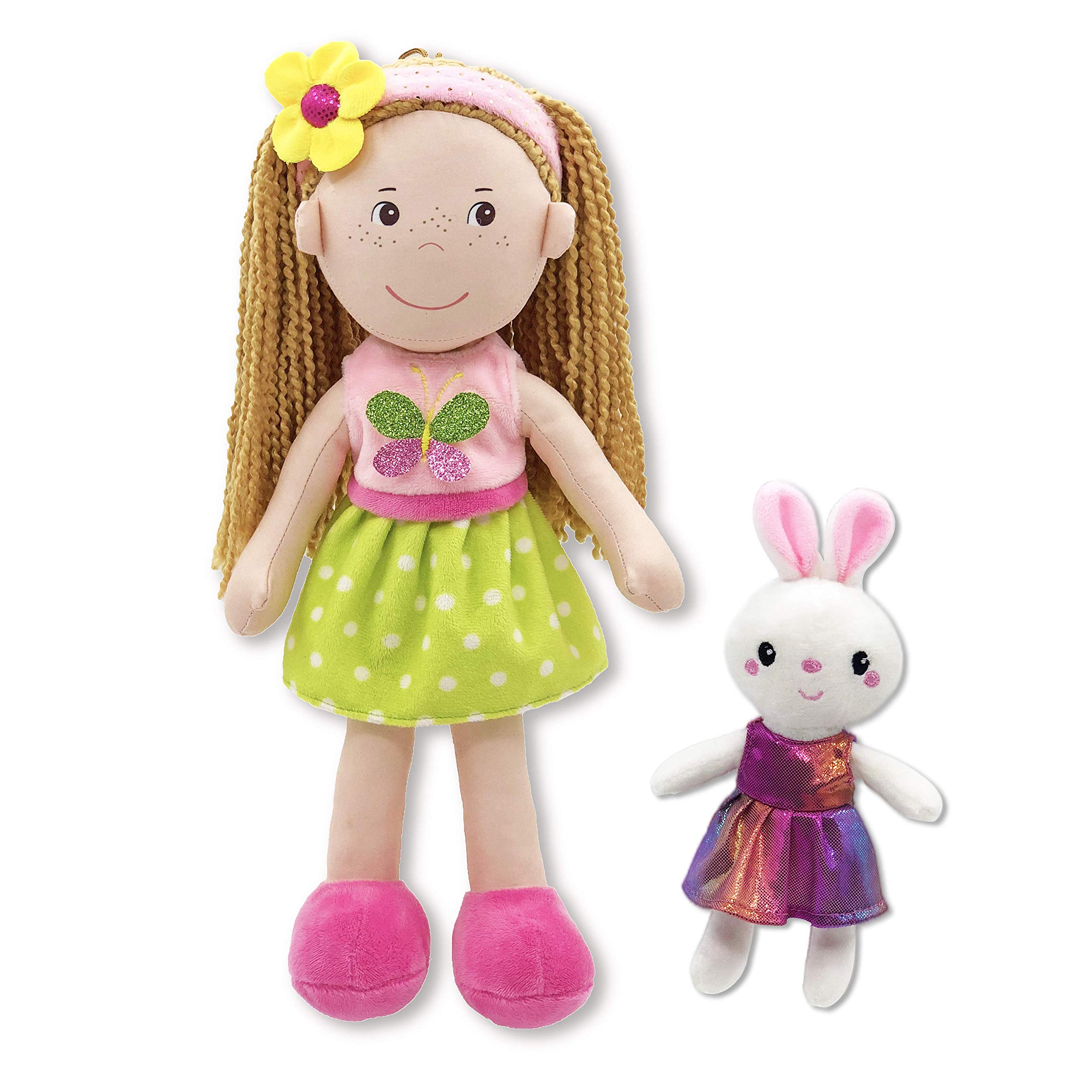 June Garden 14" Playmate Buddies - Plush Doll Aubrey with Her Stuffed Animal Companion Bunny Trixy