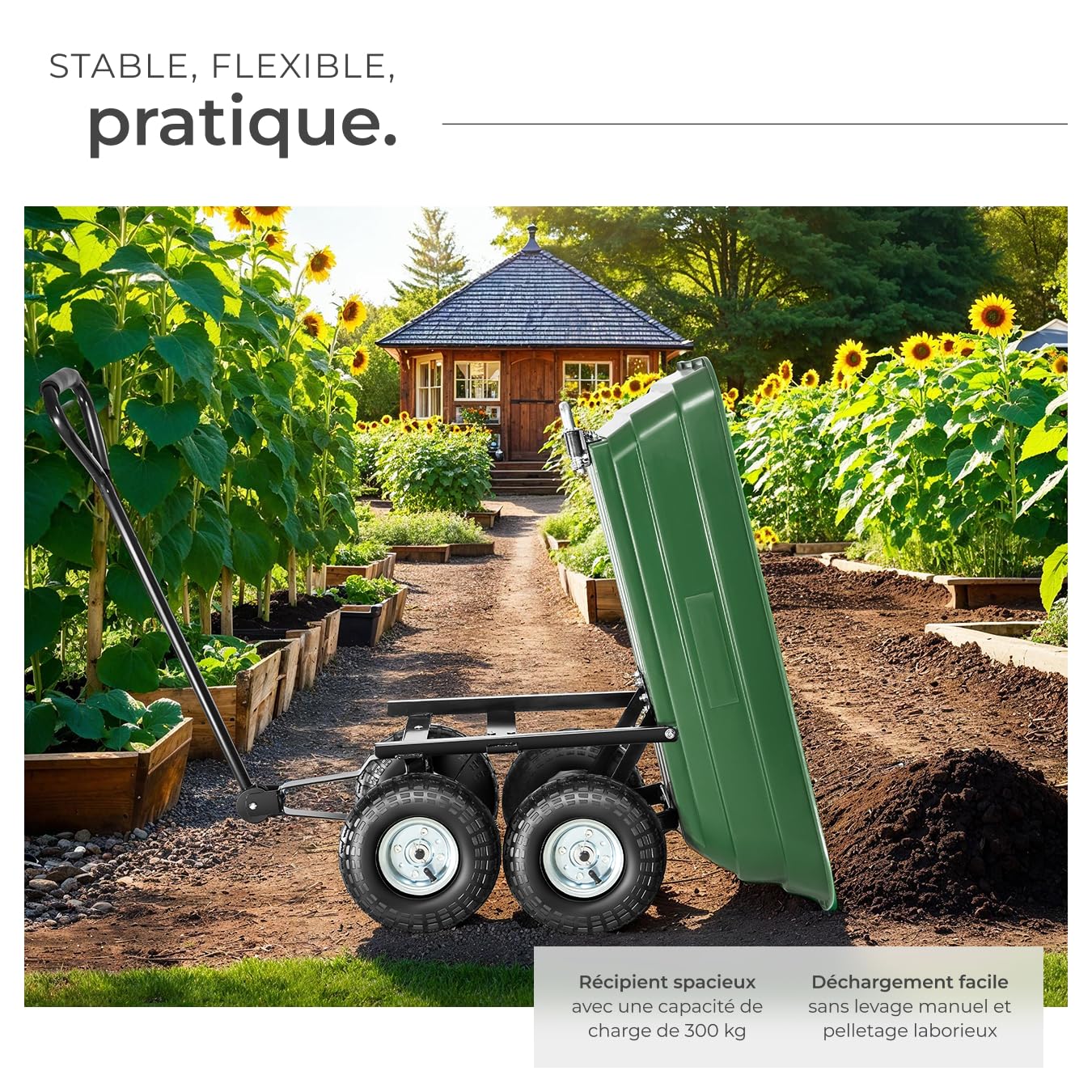 tectake® Chariot à roulettes Tout-Terrain Brouette Jardin 4 Roues avec Benne basculante Capacité Max. 300kg Chariot à roulettes de Jardin Jardinage Charette pour Transport Sable, Bois
