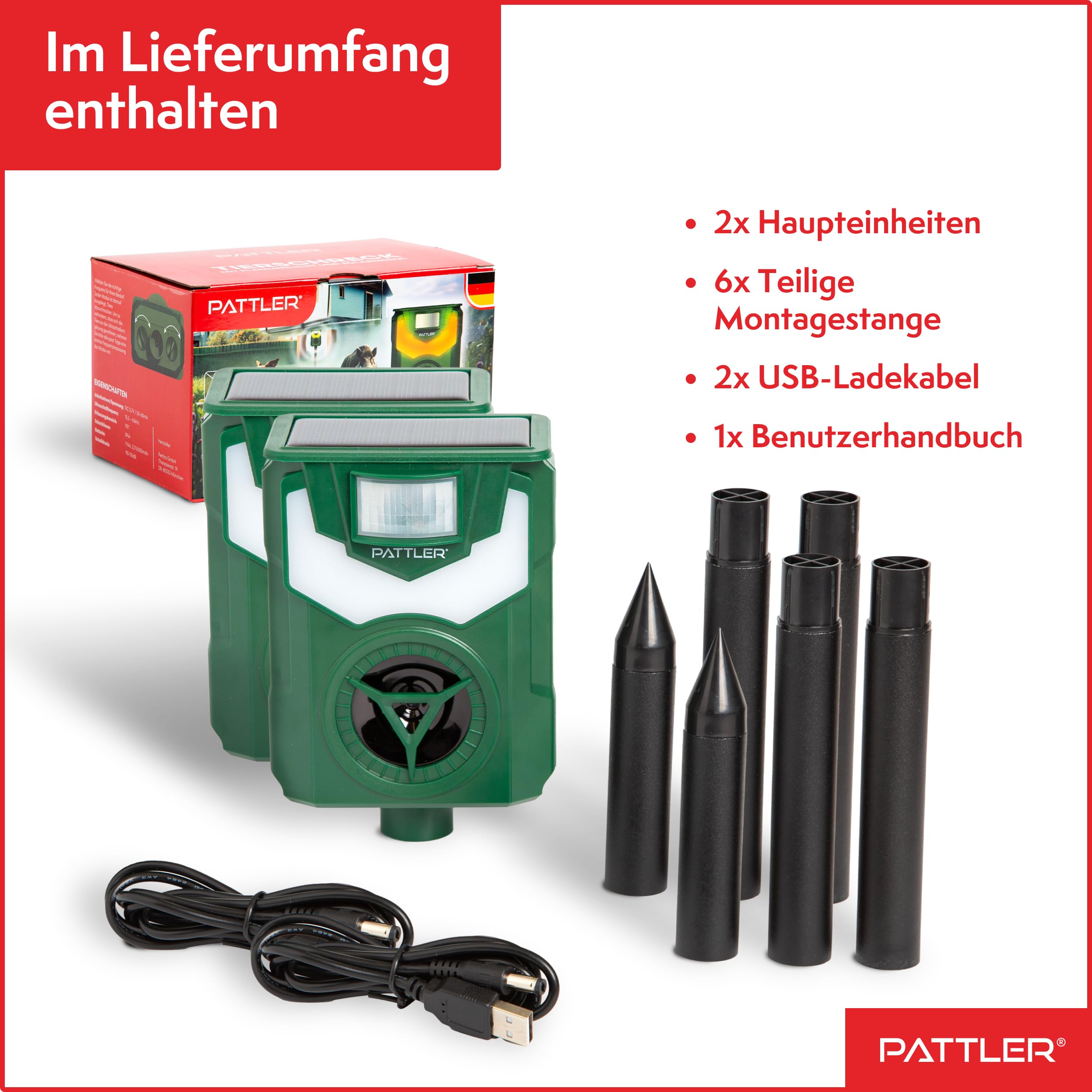 PATTLER® Tiervertreiber Ultraschall Solar 2er Set – Katzenschreck & Marderschreck mit PIR Bewegungssensor 10m – Flammenlicht & LED-Blinklicht – Geräuschfrei Ultraschall Tierabwehr für Garten & Outdoor