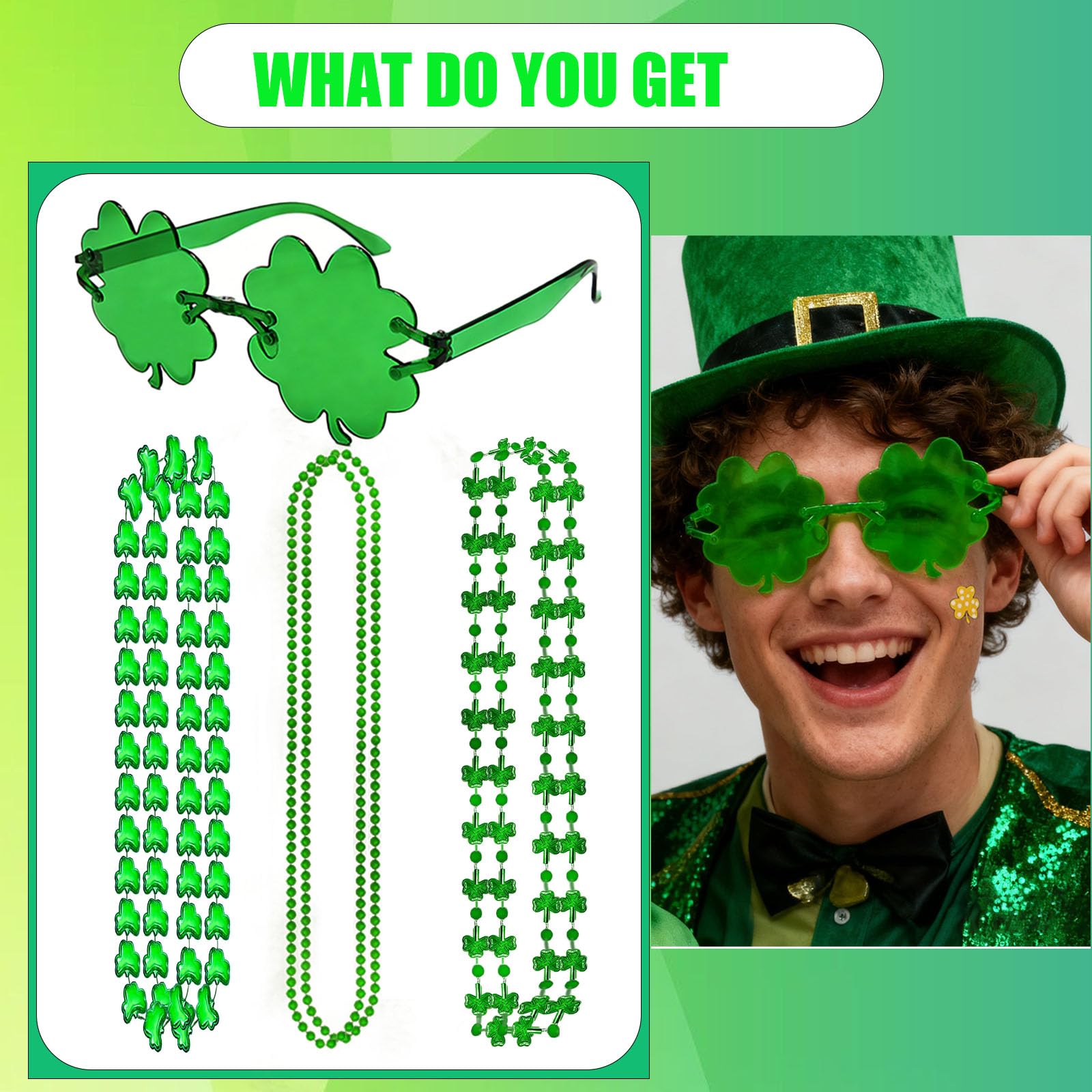 48 Pcs St Patricks Day Accessories, Irish Fancy Dress Shamrock Glasses Bracelets Green Necklace Tattoo Stickers - Image 2