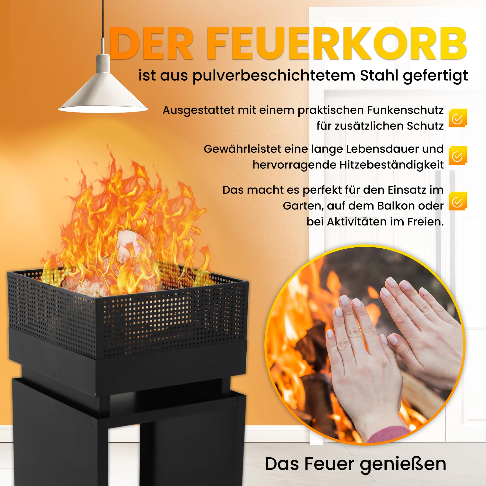 Feuerkorb mit Funkenschutz, Feuertonne, Holzofen,feuerschalen, Deko Terrasse, Außenofen, Gartenkamin, Aufbewahrung, Firepit, Stahl, 39 x 39 x 85 cm