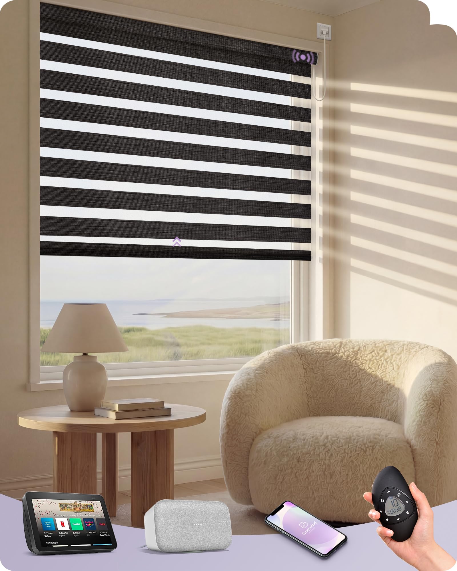 Graywind Motorized Blinds with Remote, Smart Zebra Shades for Windows, Hardwired Roller Blinds Compatible with Alexa, Apple Homekit, Google Home,