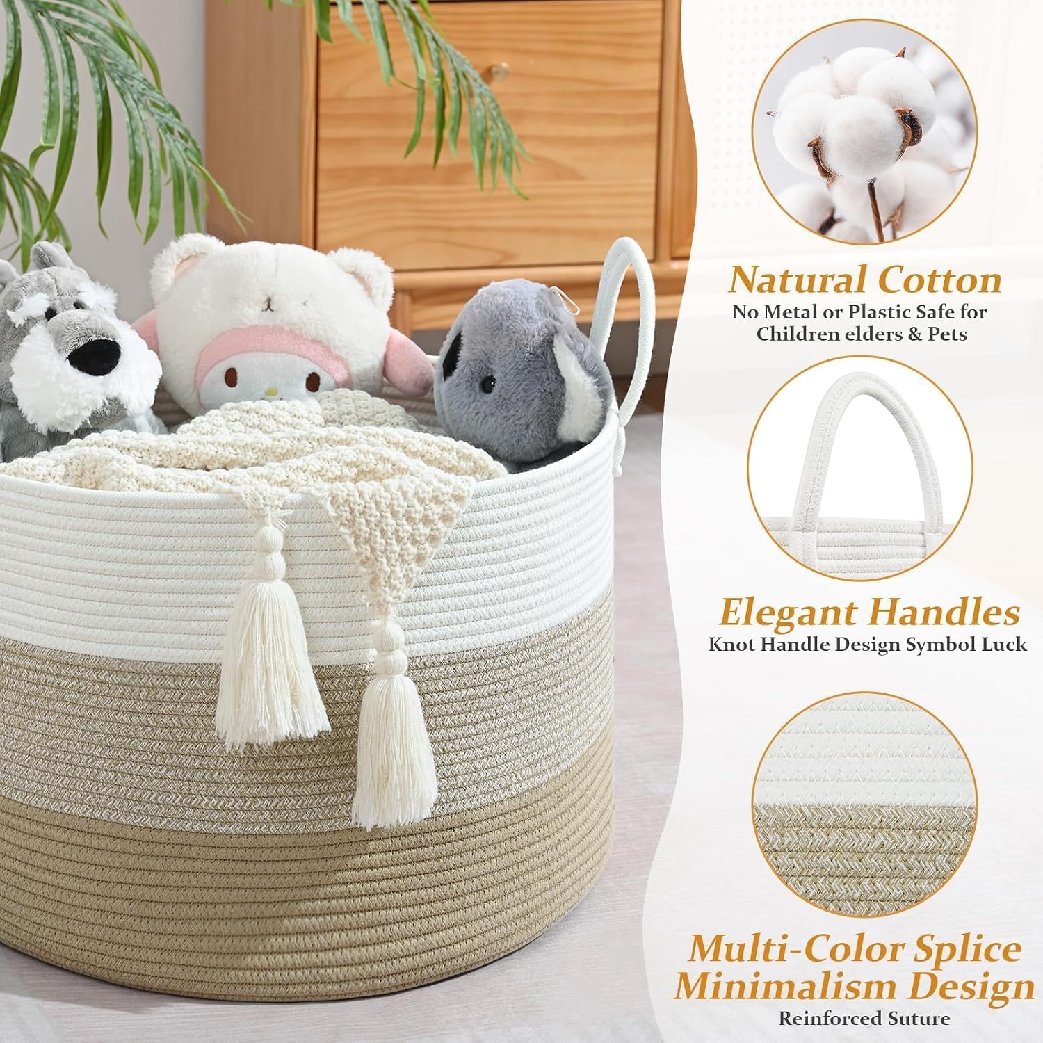67L Large Woven Blanket Basket, Cotton Rope Baby Laundry Hamper with Handles, Kids Toy Basket for Classroom & Nursery, Soft Round Stuffed Animal Storage, Dog Toy Bin - 20"x13", Gradient Brown image 3
