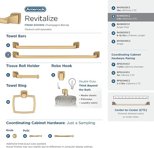 Miniatura 4 de Amerock BH36034CZ  Toallero de bronce champán  Toallero de 24 pulgadas (24.016 in)  Revitalize  Toallero de baño  Accesorios de baño  Accesorios de