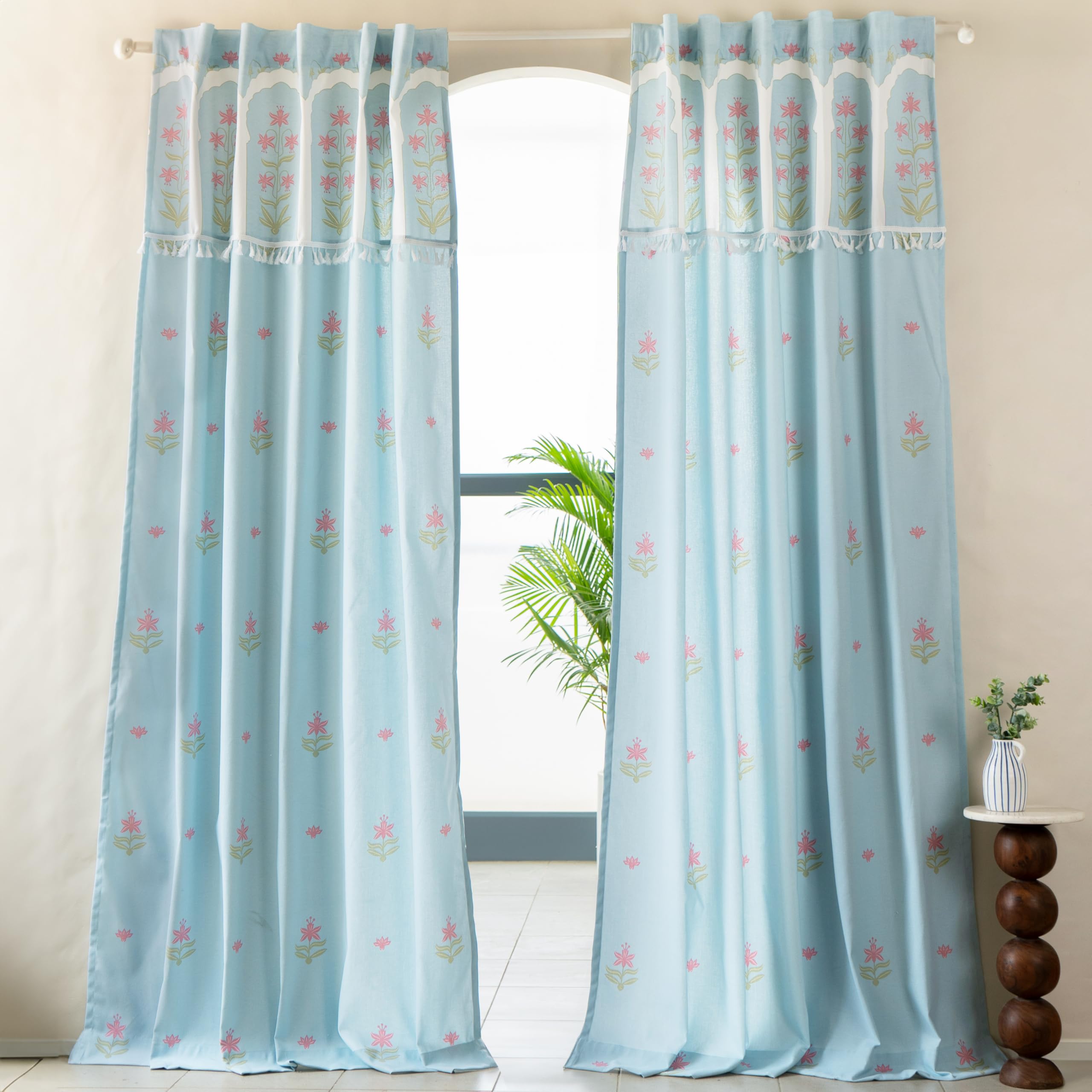 Tranquebar Curtain Co. Cotton Curtains 7 Feet Long Single Piece, 60-65% Room Darkening, Turquoise Floral Print, Door Curtains 7 Feet Single Piece, BackTabs, Taj (213 cm) - 1 Piece-image-19